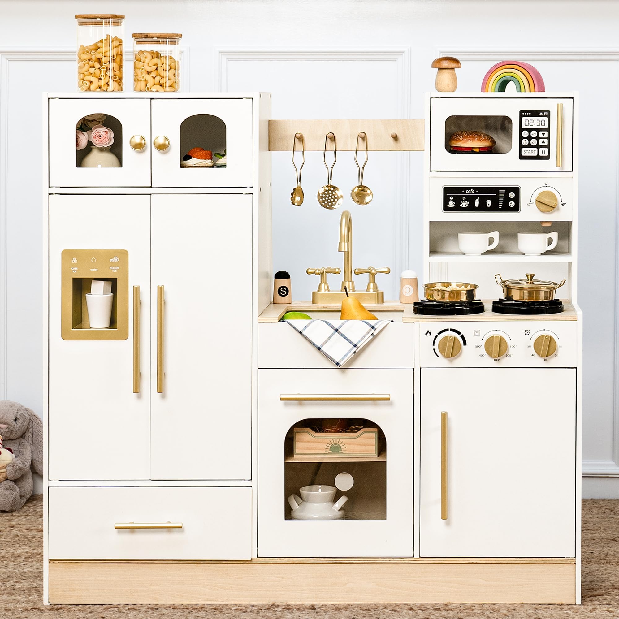 Wooden Play Kitchen Set - Realistic Pretend Play Kitchen with Stove, Sink, Coffee Maker & 11 Fun Accessories | Montessori Toy Kitchen for Toddlers Ages 3+