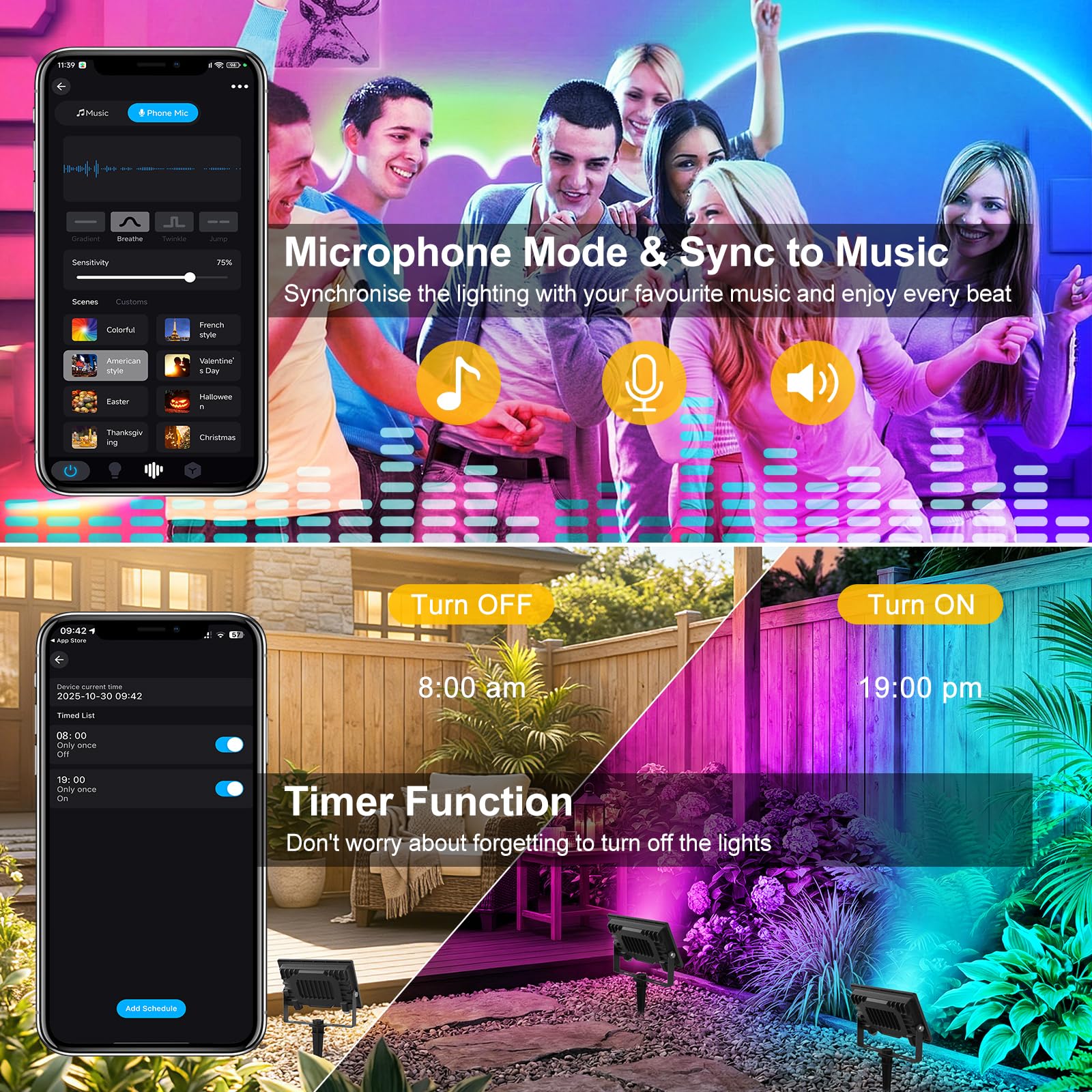 T-SUNUS LED Strahler Außen RGB, 60W RGB Strahler Outdoor mit Fernbedienung, Bluetooth APP Steuerung, IP66 Wasserdicht für Party Halloween Weihnachten Stimmungslichter 4 Stück
