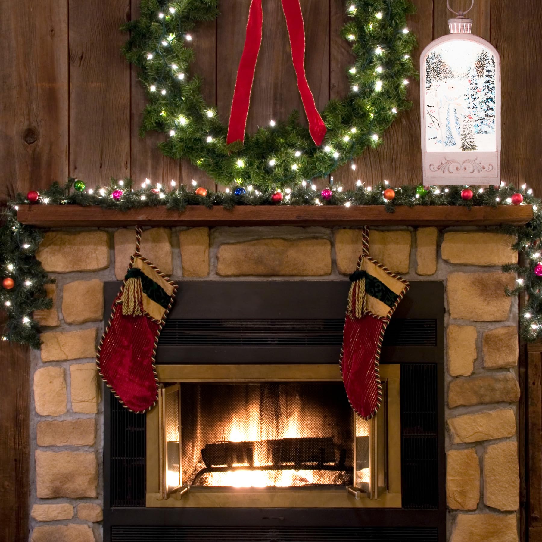 Lanterne lumineuse Père Noël avec scène d'hiver, paillettes tourbillonnantes, décoration de Noël autoportante, décoration de vacances festive, 30 cm de haut
