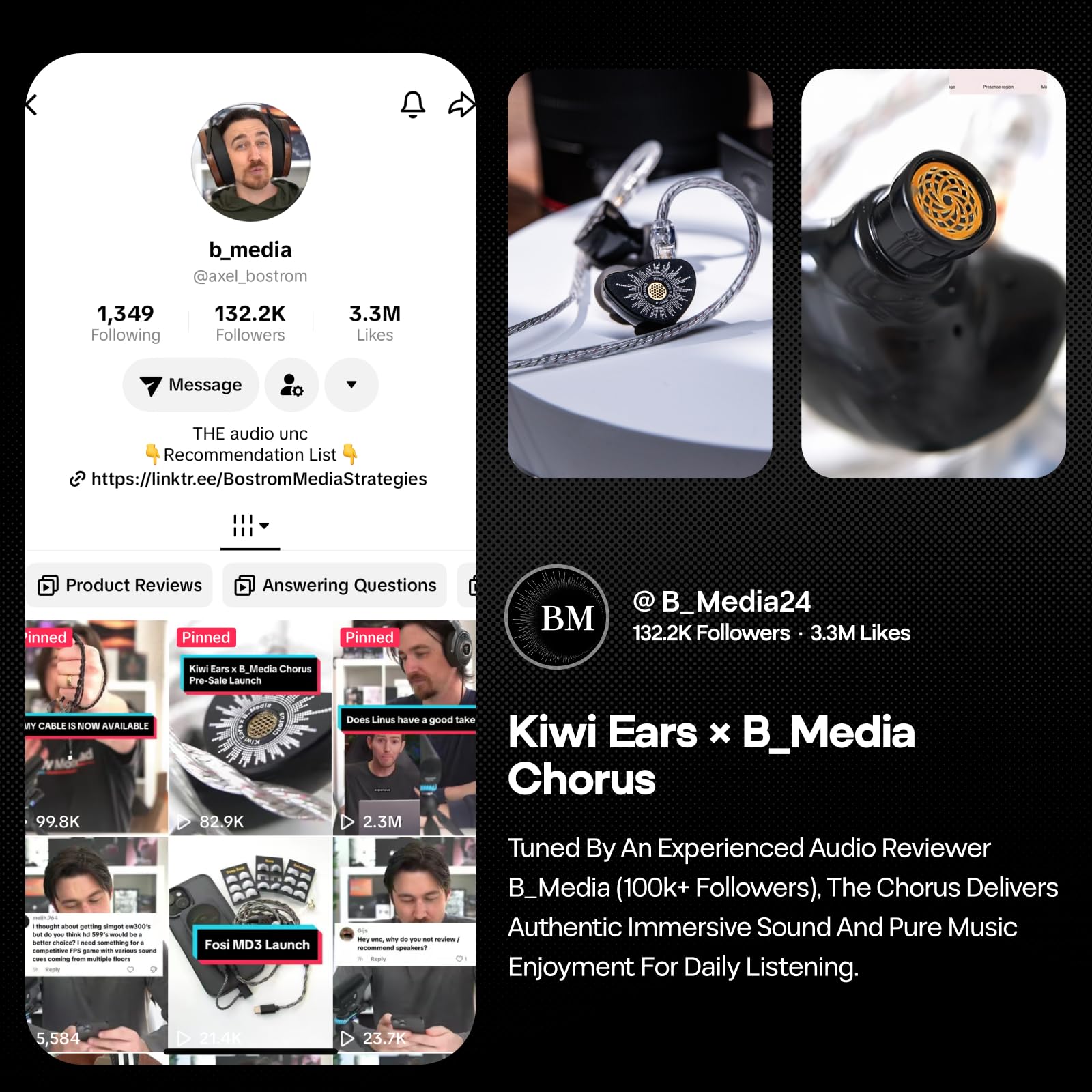Kiwi Ears x B_Media Chorus In-Ear-Monitor, DLC-Membran Dynamic Driver IEM, mit CNC-Metallblende, kabelgebundene Ohrhörer mit doppeltem versilbertem Kabel für Musiker (1, Schwarz, 3,5 mm