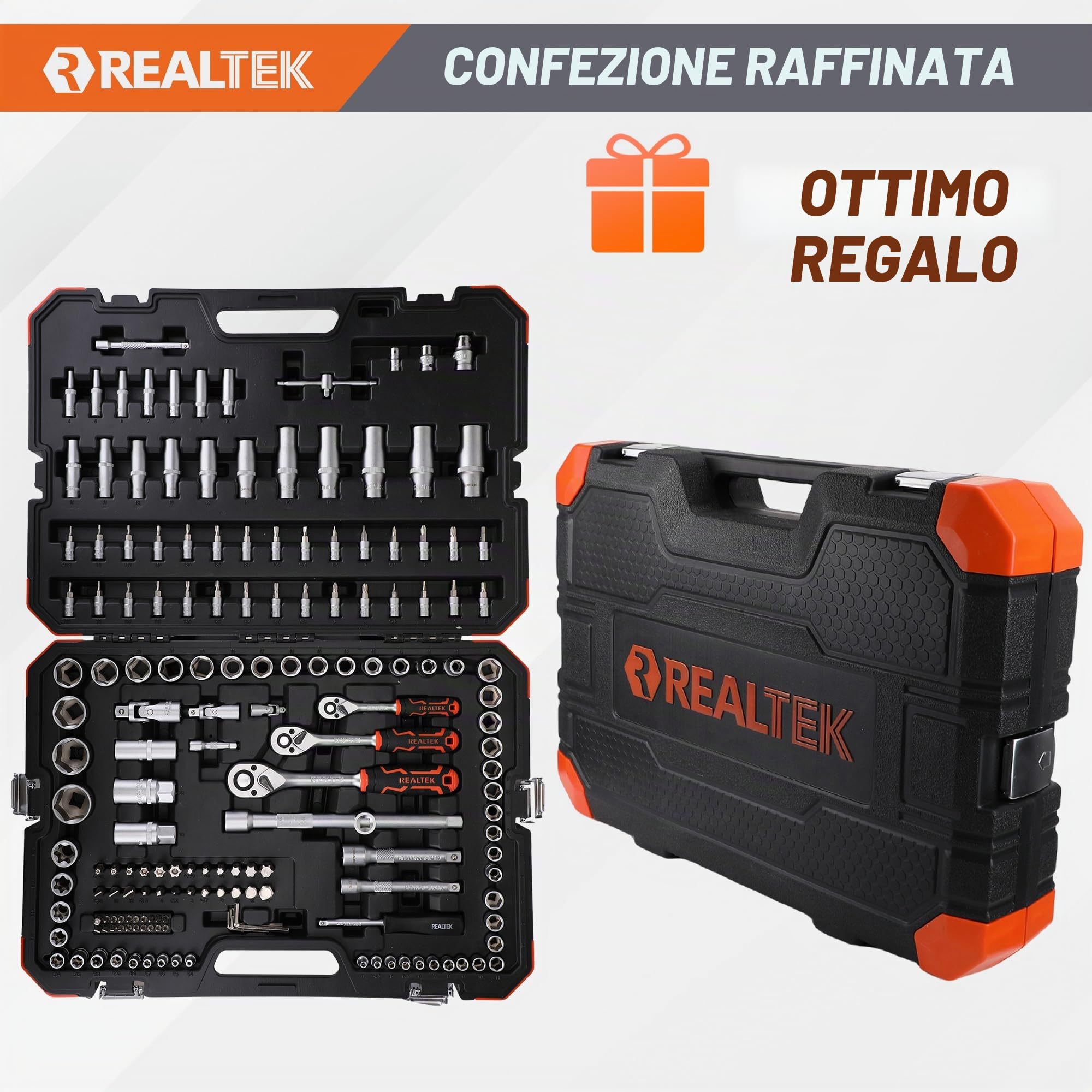 REALTEK Set Chiavi a Bussola, Chiavi a Cricchetto 1/4''+3/8"+1/2'' 172 Pezzi, 72 denti, Cr-V, Adatto per Lavori su Biciclette e Automobili le riparazioni