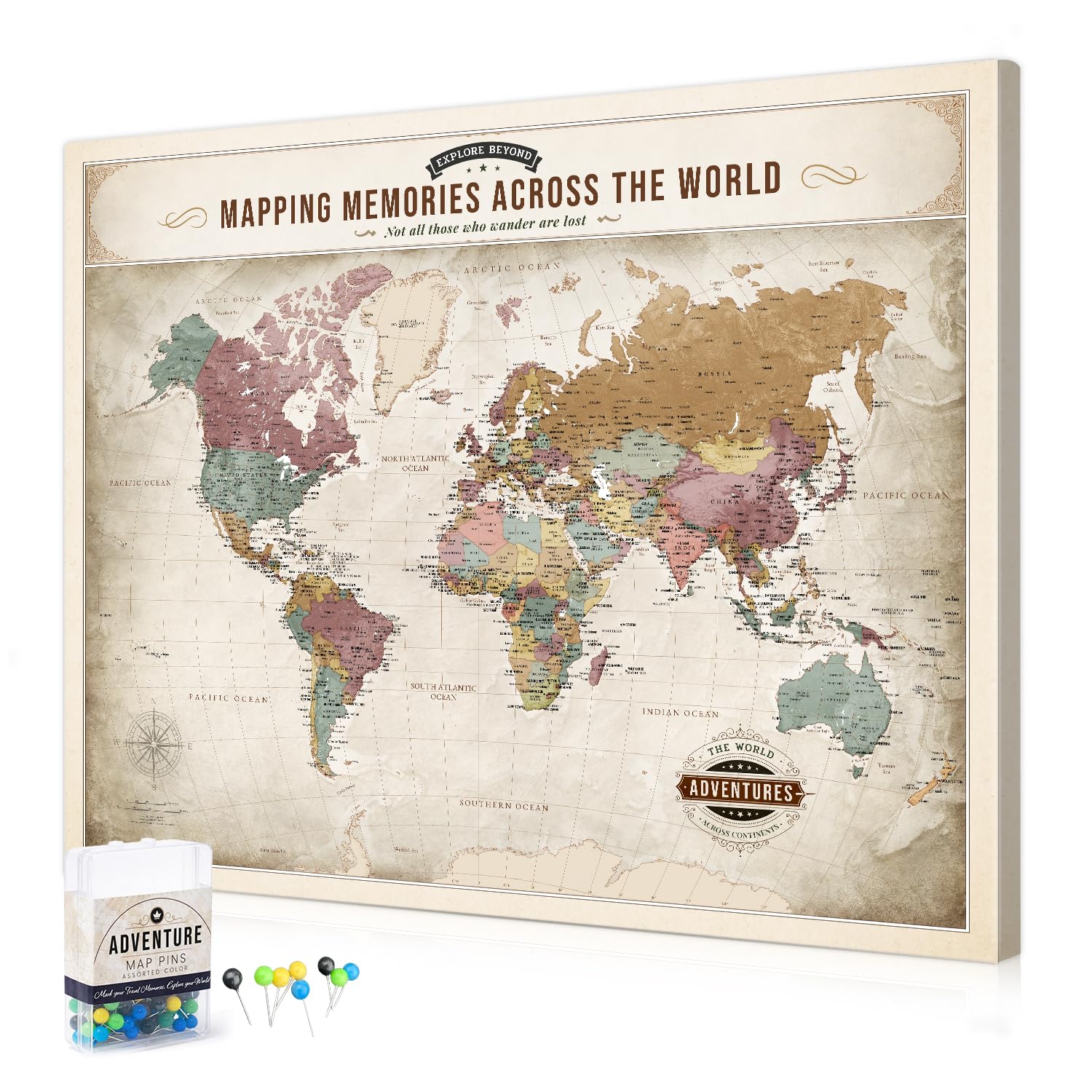 DECORARTS World Map Pin Board,Soft Pastel World Travel Map with Pins,20x16