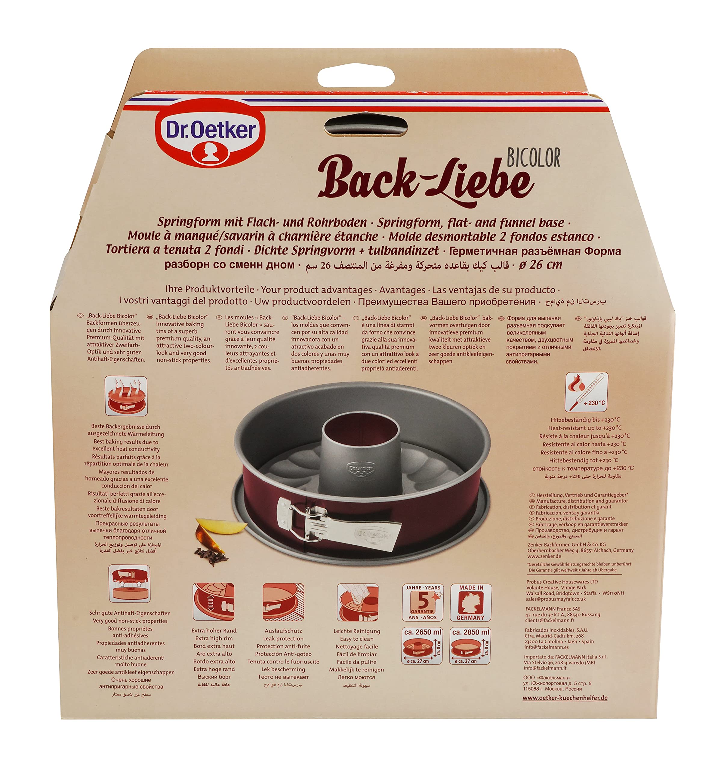 Dr. Oetker Springform Ø 26 cm mit Flach- & Rohrboden, Backform mit extra hohem Rand, runde Kuchenform mit zweifarbiger Antihaftbeschichtung (Farbe: grau/rot), Menge: 1 Stück