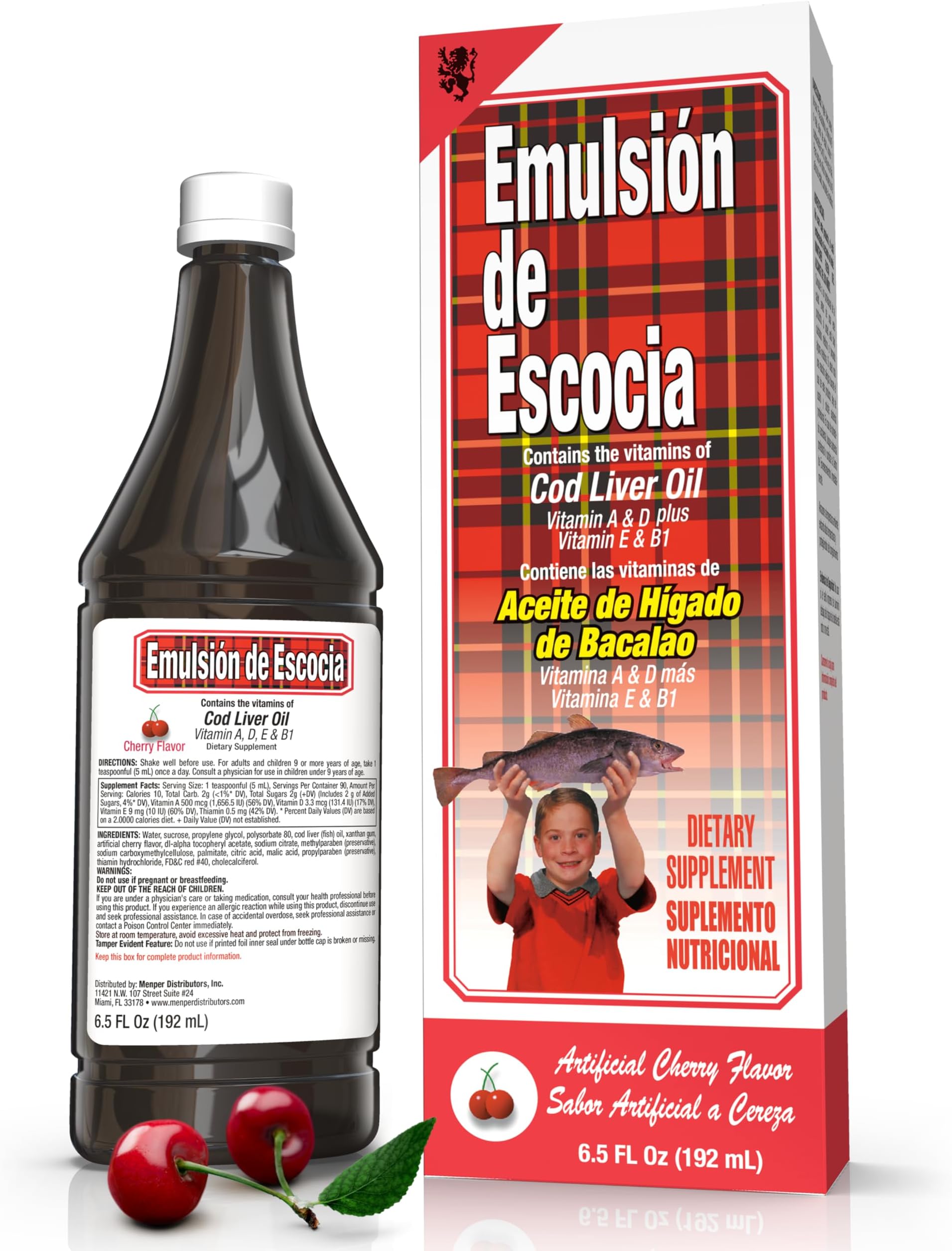 Emulsion de Escocia Cod Liver Oil, Cherry Flavor, 6.5 fl oz (1 Pack) – Fish Oil with Vitamins A, D, E, B1, Omega-3 for Immune and Bone Health, Kids & Adults