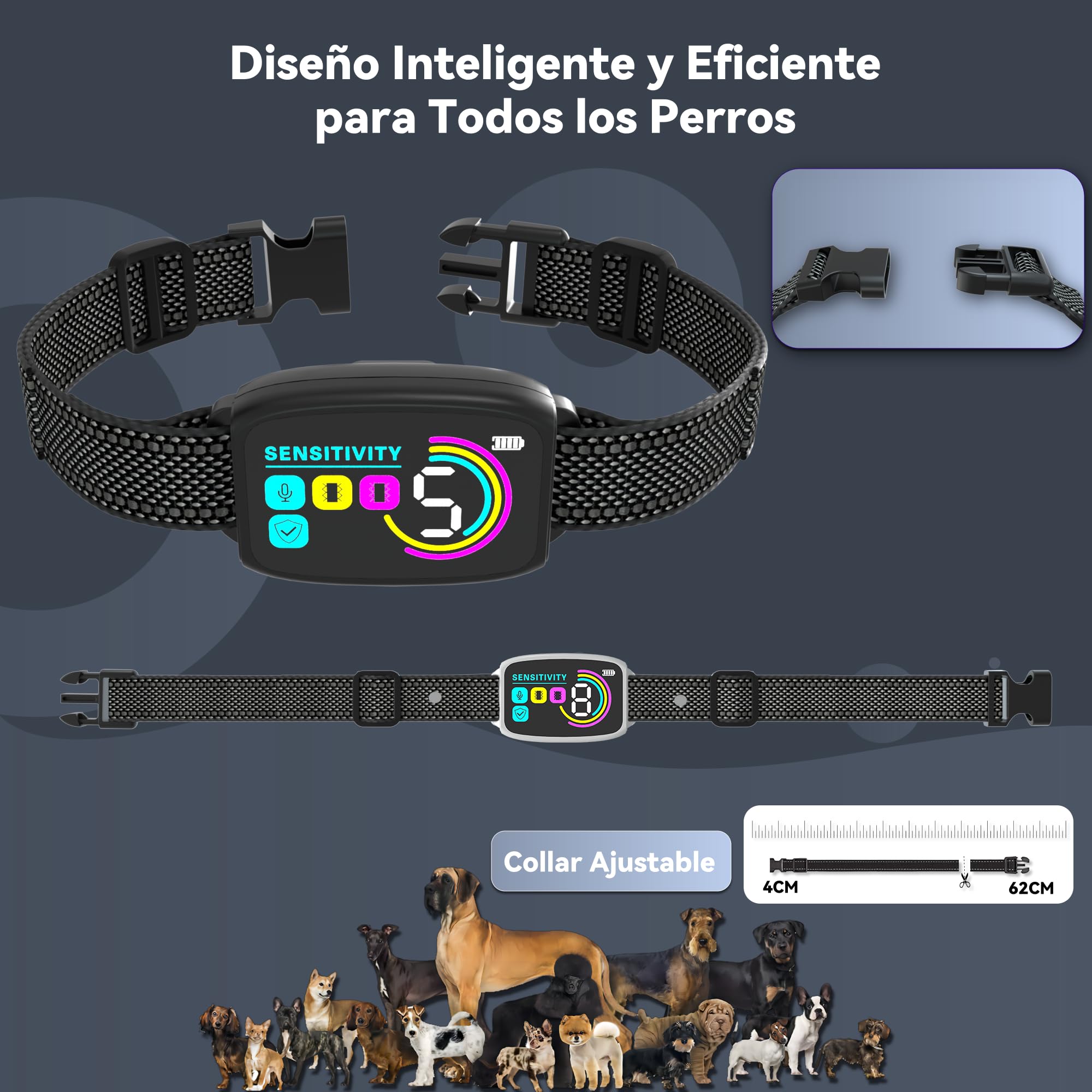 Collar Antiladridos Automático para Perros,Detección Inteligente de Ladridos con Modos de Vibración/Sonido/Fuerte Vibración,Resistente al Agua y Recargable,Adecuado para Perros Grandes y Medianos