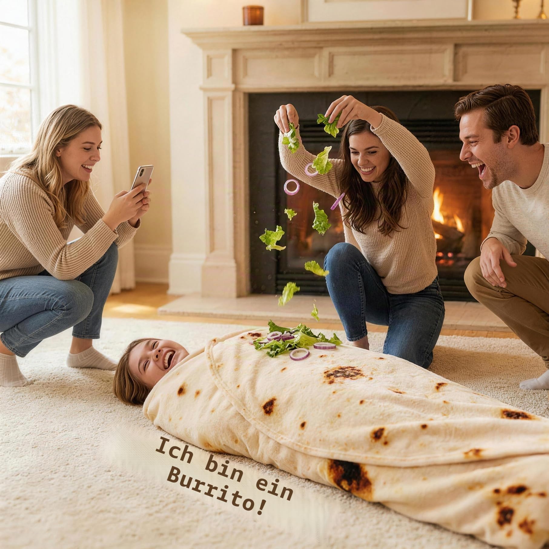 mermaker Burrito-Tortilla-Decke 2.0, doppelseitig, für Erwachsene und Kinder, riesige lustige realistische Lebensmitteldecke, 285 g/m², weiche Flanell-Taco-Decke, 180 cm (Gelb – doppelseitig)