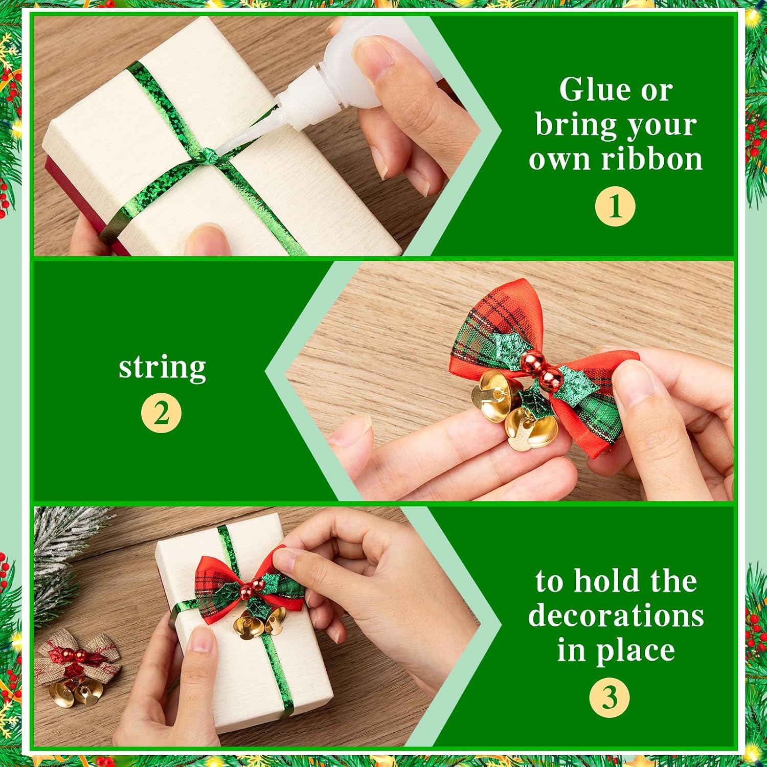 36 Pcs Christmas Bows with Bells, Mini Bows for Craft 2 Inch Mini Bowknot Ornament for Christmas Tree Decor Ribbon Wreath Clothing Accessories DIY Crafts