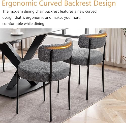Miniatura 4 de Grey Boucle - Juego de 2 sillas de comedor tapizadas con patas de metal negro, silla de comedor redonda moderna para comedor, cocina