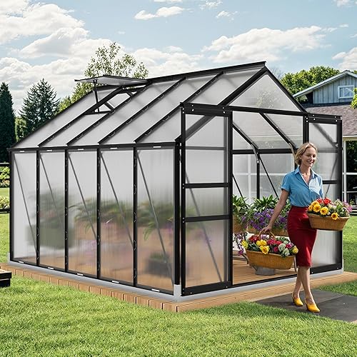 YITAHOME 10x8FT Polycarbonate Greenhouse Large Heavy Duty Green Houses Outdoor Aluminum Greenhouses with Sliding Doors Vent Window Premium Walk-in Greenhouse for Garden Backyard, Matte Black