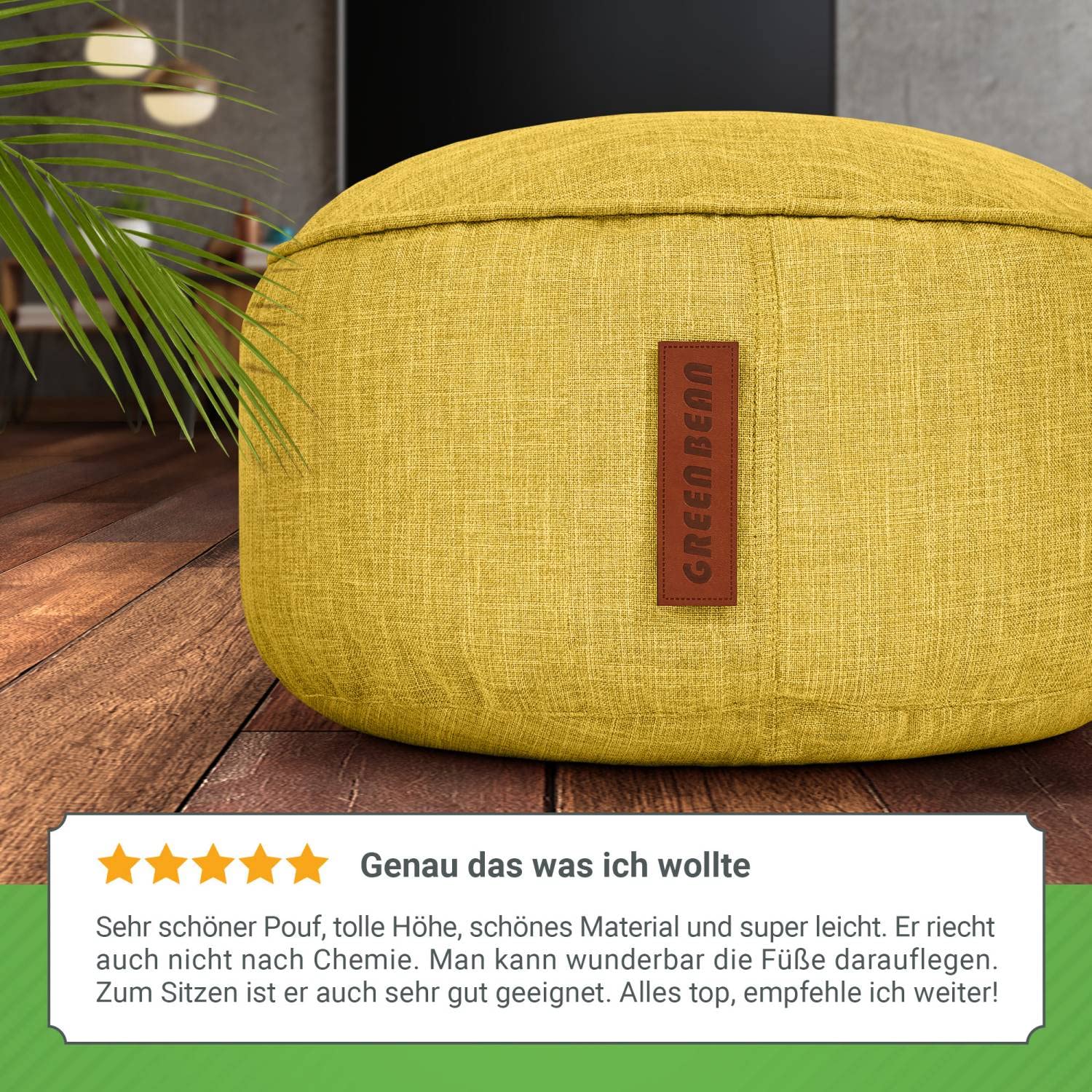 Green Bean Sitzsack-Hocker Home Linen rund 45x25cm mit EPS-Perlen Füllung - Fußhocker Sitz-Pouf für Sitzsäcke - Bodenkissen für Kinder und Erwachsene - Sitzkissen Sitzhocker Gelb