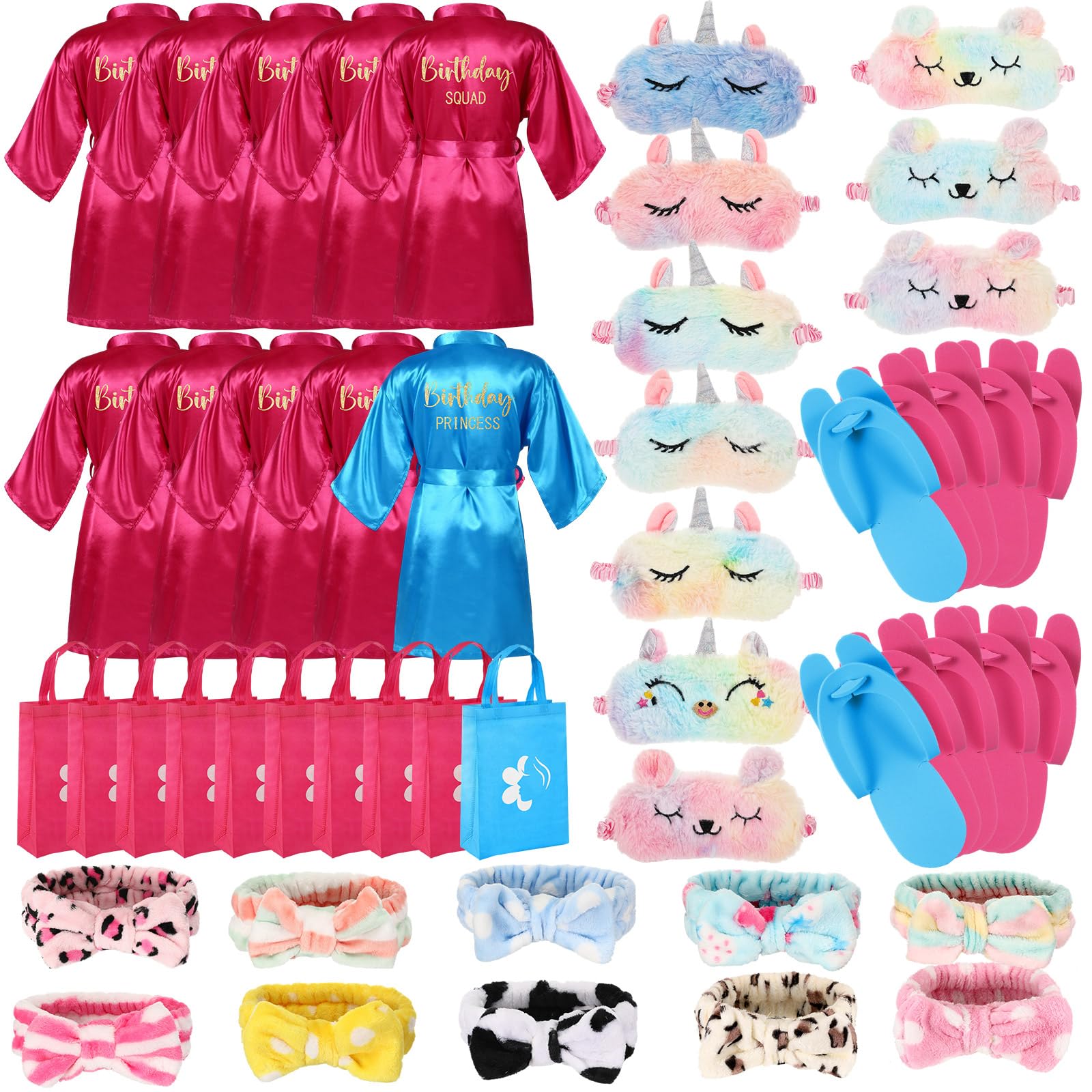 Bonuci 50 Pcs Spa Party Supplies for Girls, 10 Satin Robe 10 Kids Slippers Sleepover Birthday Spa Party Favors