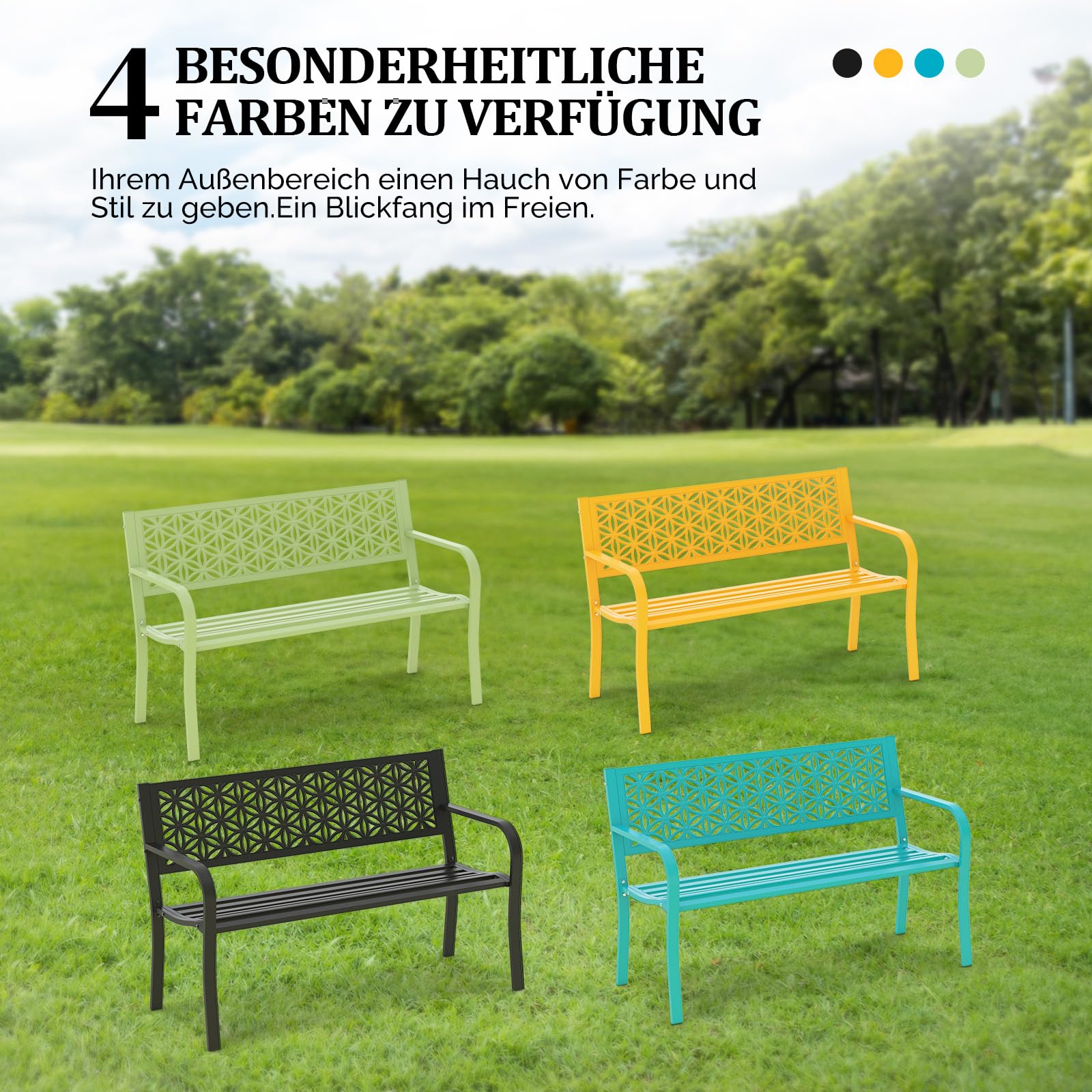 Bonnlo Gartenbank Metall Retro-Stil, wetterfeste Sitzbank für 2-3 Sitzer, Essbank mit Rückenlehne und floraler Armlehne, Gartenmöbel bis 360kg belastbar, Bänke für Garten Balkon Hof, Gelb
