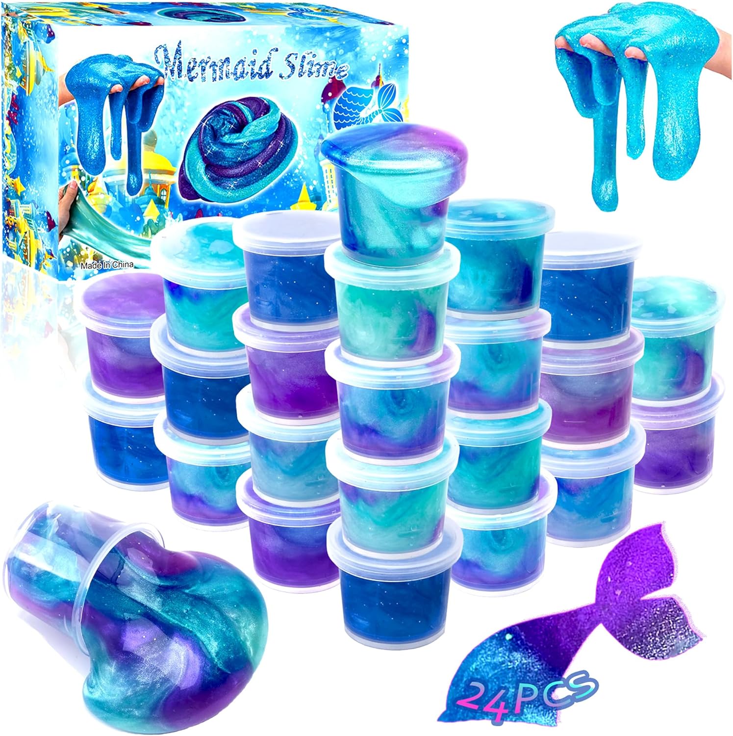 24 Pack Galaxy Mermaid Slime Kit,Party Favors for Kids,Non Sticky, Stress & Anxiety Relief, Super Soft Sludge Toy,Easter Basket Stuffers,Birthday Gifts for Girl and Boys