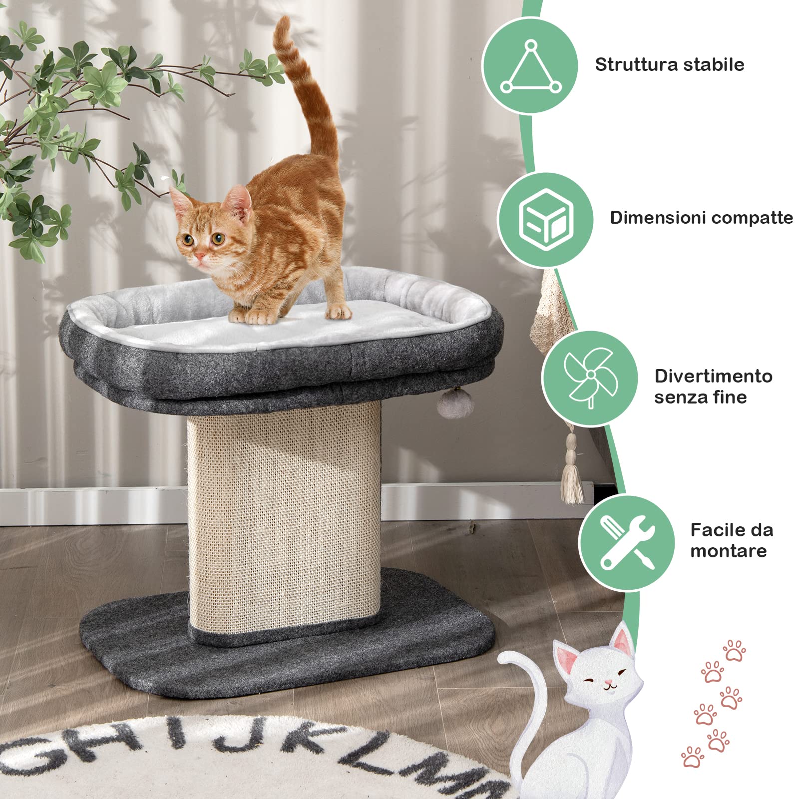 GYMAX Albero Tiragraffi per Gatti in Legno con Rivestimento in Peluche, Paletti in Sisal, Nido Confortevole, Palla da Appendere, 59 x 39,5 x 50 cm, Portata 20 kg (GRIGIO)