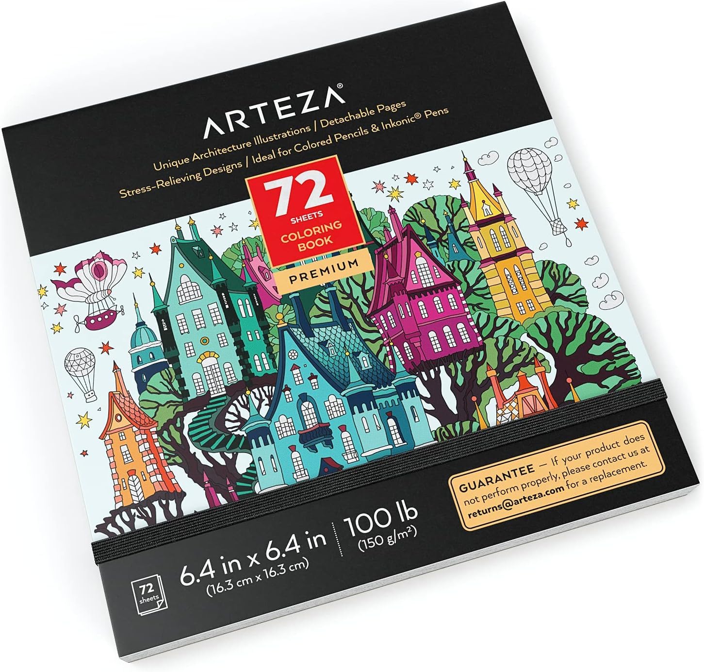 ARTEZAAdult Coloring Book, 6.4 x 6.4 Inches, 72 Sheets, Architecture Designs, Travel-Sized Anxiety Coloring Book with Thick 100-lb Paper, Art Supplies for Relaxing, Reflecting, and Decompressing