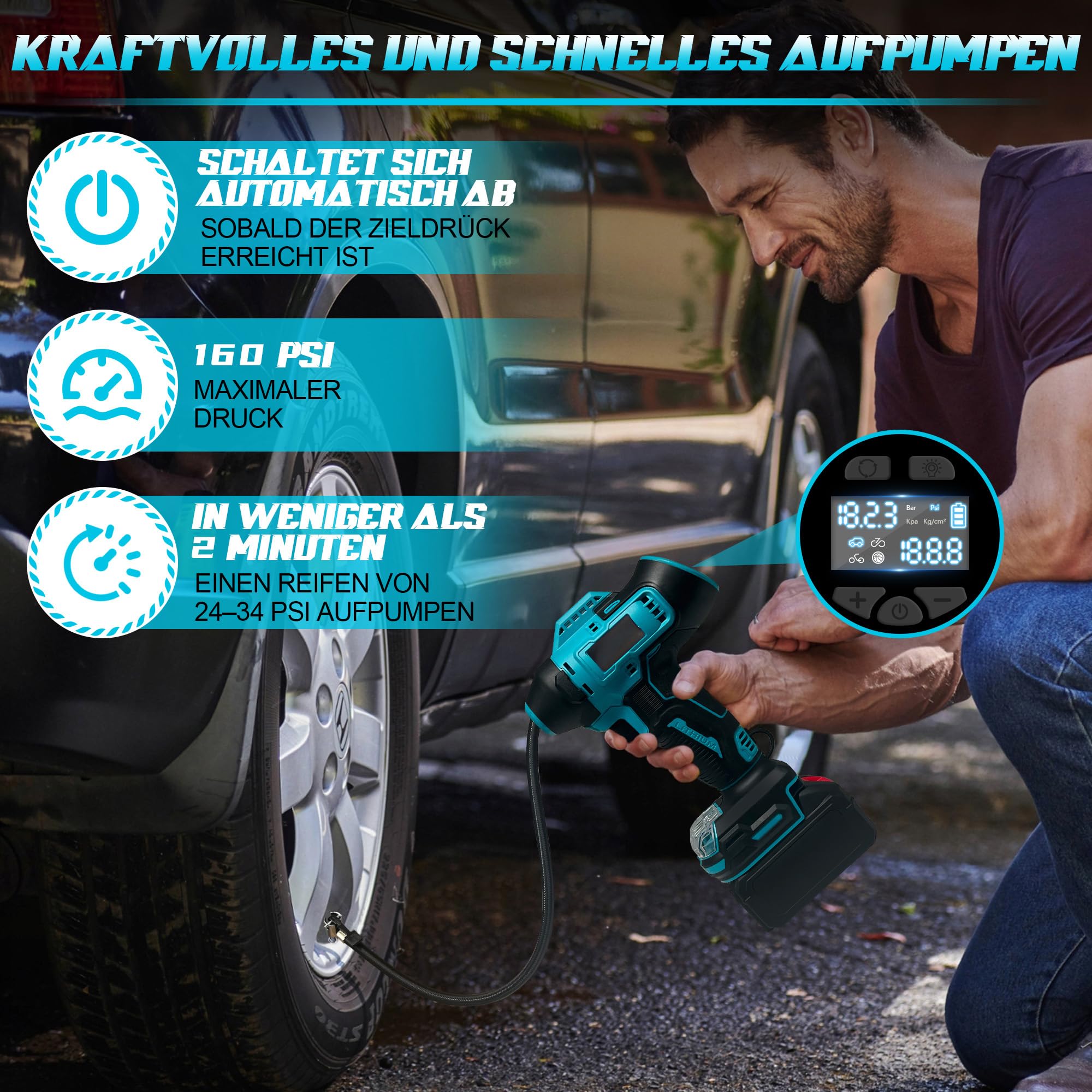 Akku Kompressor für Makita 18V Akku, 11bar Autoreifen Luftpumpe,160 PSI Tragbare mit Abschalautomatik und Manometer Luftkompressor mit 12V Autostromkabel für Auto, Motorrad, Fahrrad