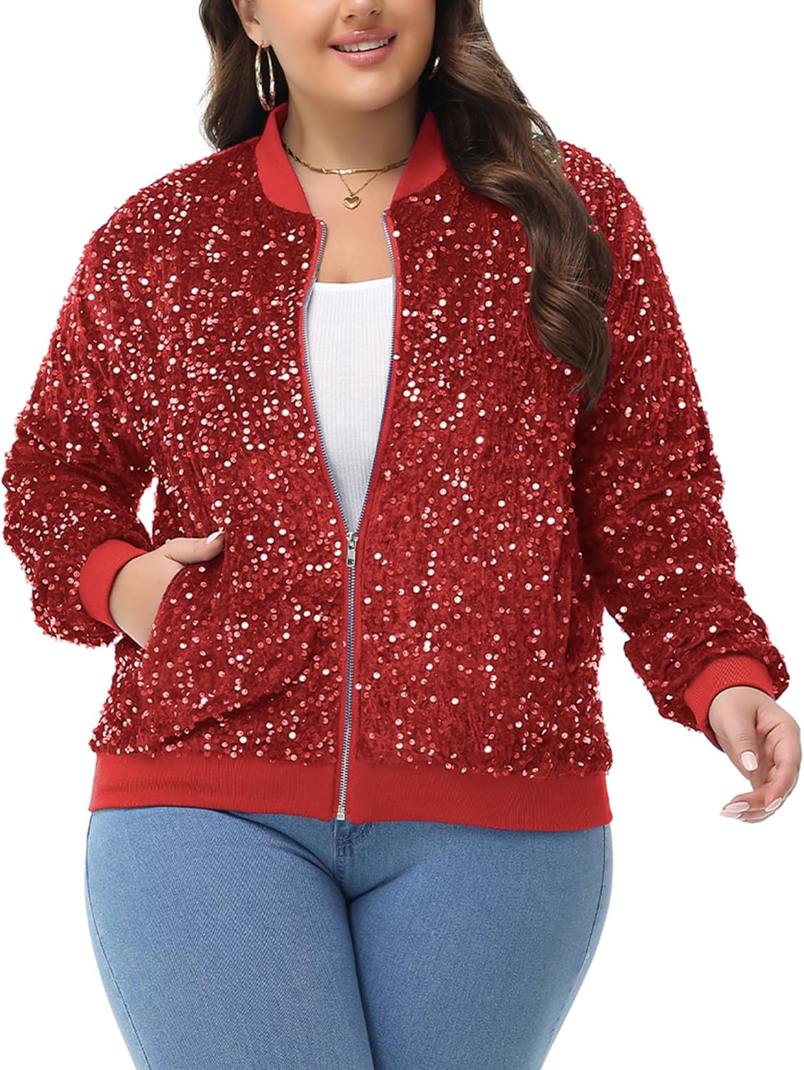 Anna-Kaci Women's Sequin Jacket Plus Size Sparkly Zip Bomber Coat With Pockets For Concert Party