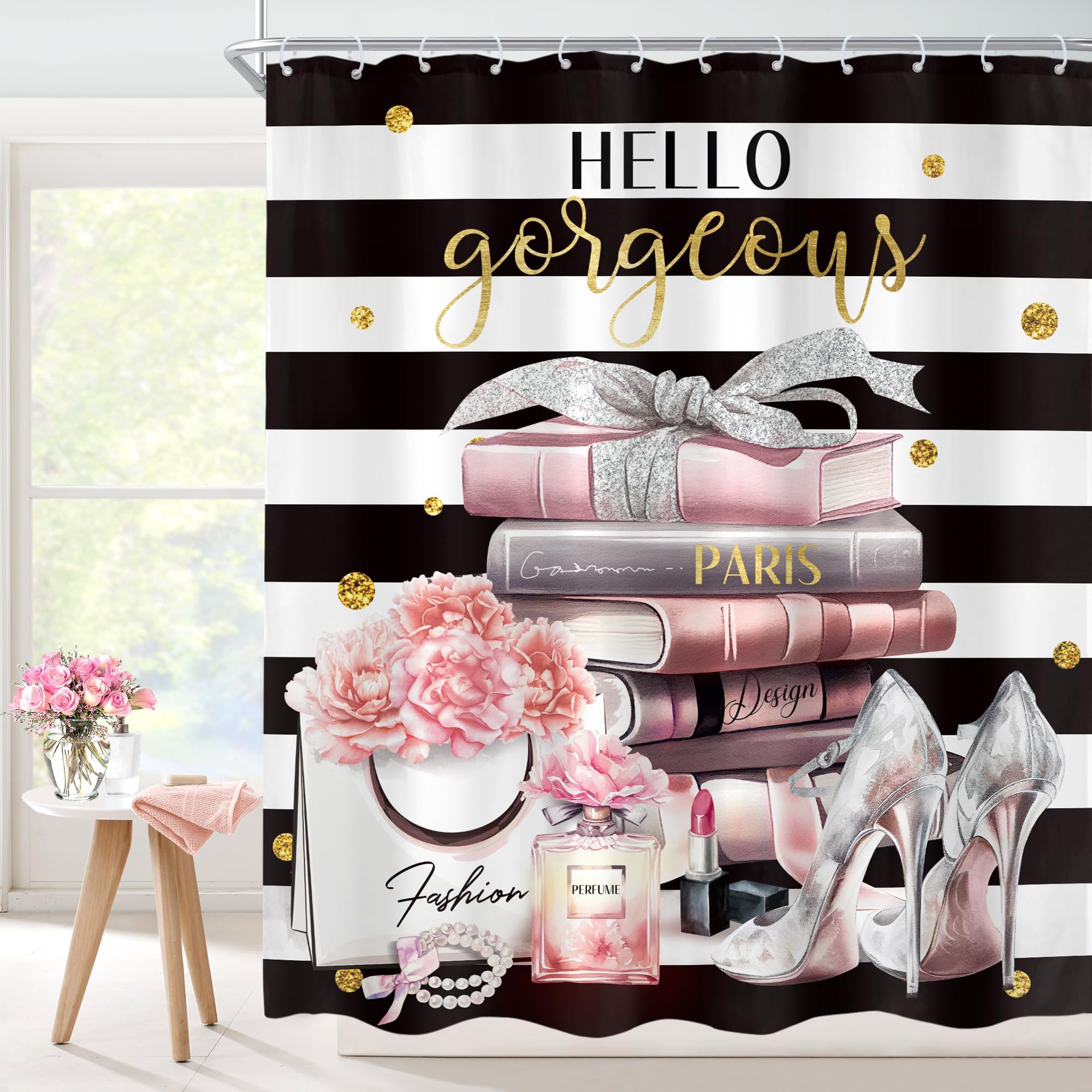 Cinbloo Black Pink Shower Curtain 72Wx72H Fashion Flower Perfume Bathroom Curtain Set for Women Girl Modern Black White Striped Bath Curtain Fabric
