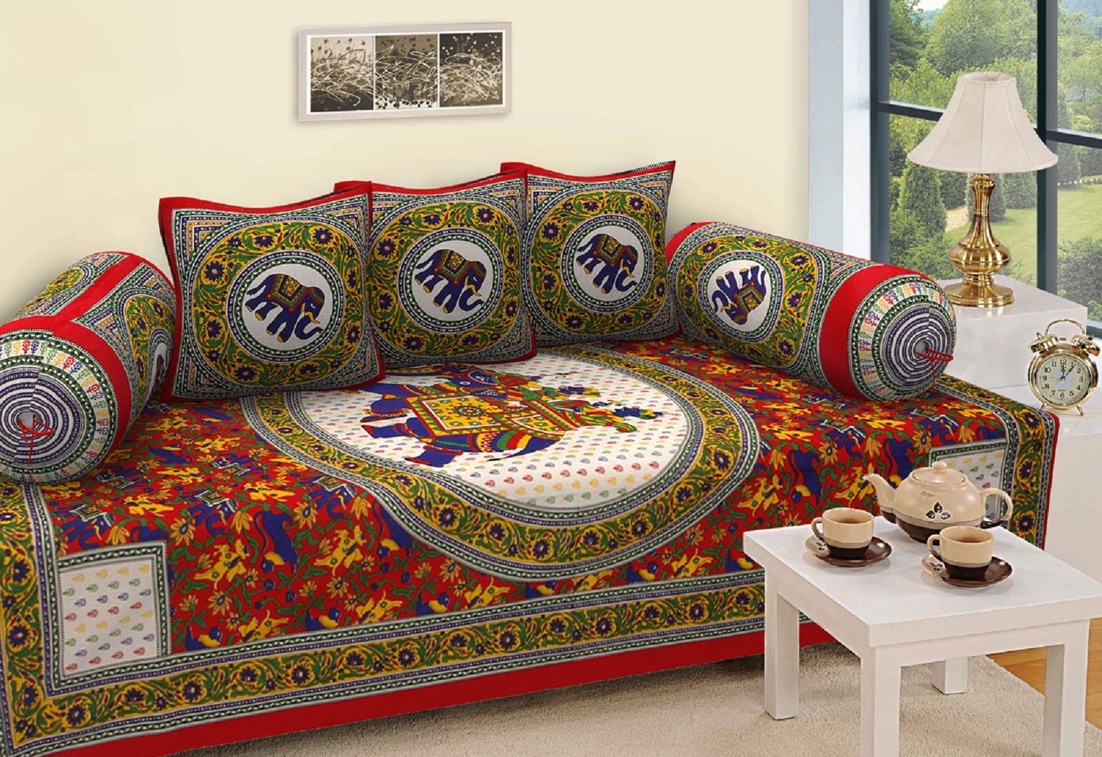 Cotton Geometric Diwan Set 1 Single bedsheet,3 Cushion Cover, with 2 Bolster Cover-image-0