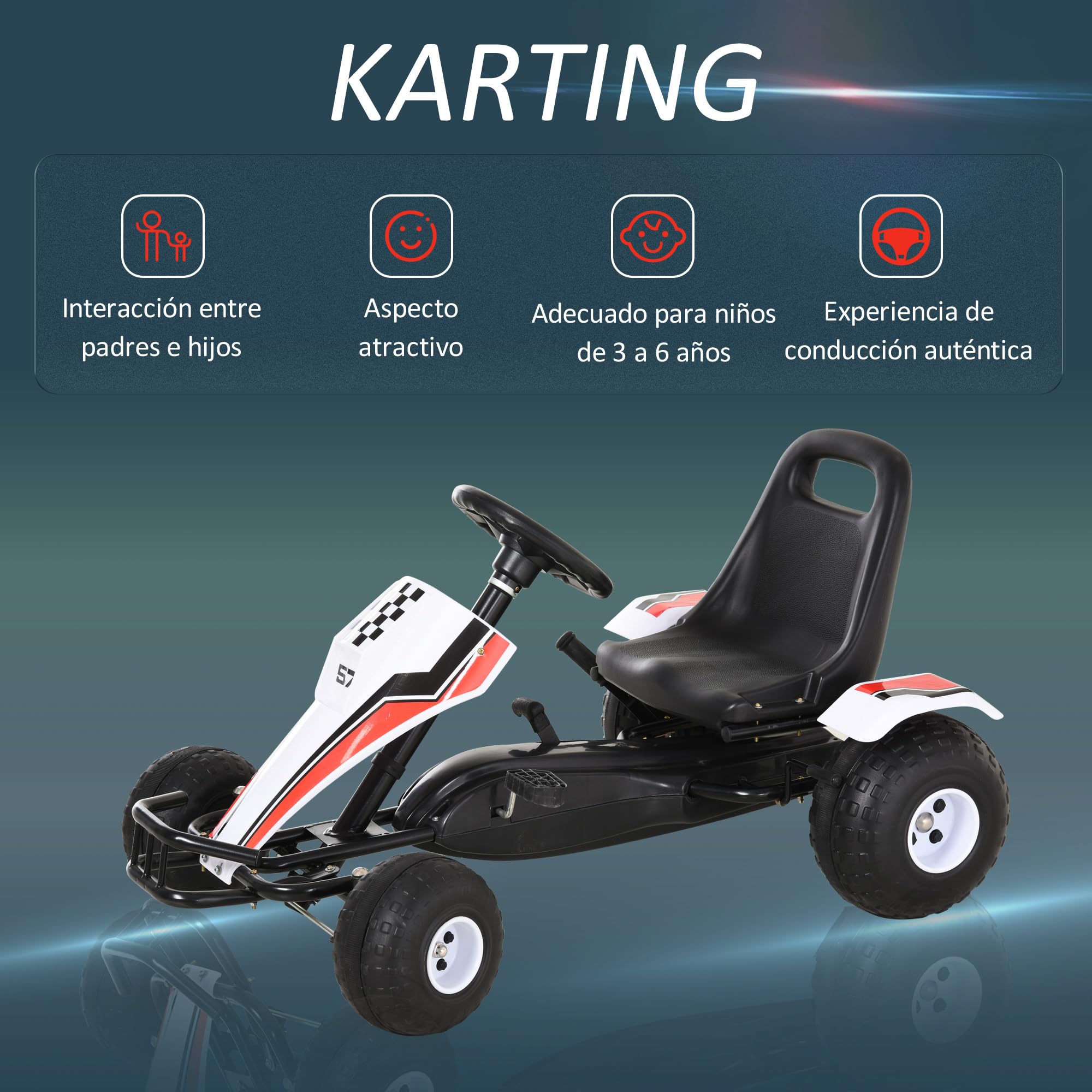 HOMCOM Go Kart a Pedales para Niños de +3 Años Coche de Pedales Infantil con Asiento Ajustable y Freno de Mano 104x66x57 cm Blanco y Negro