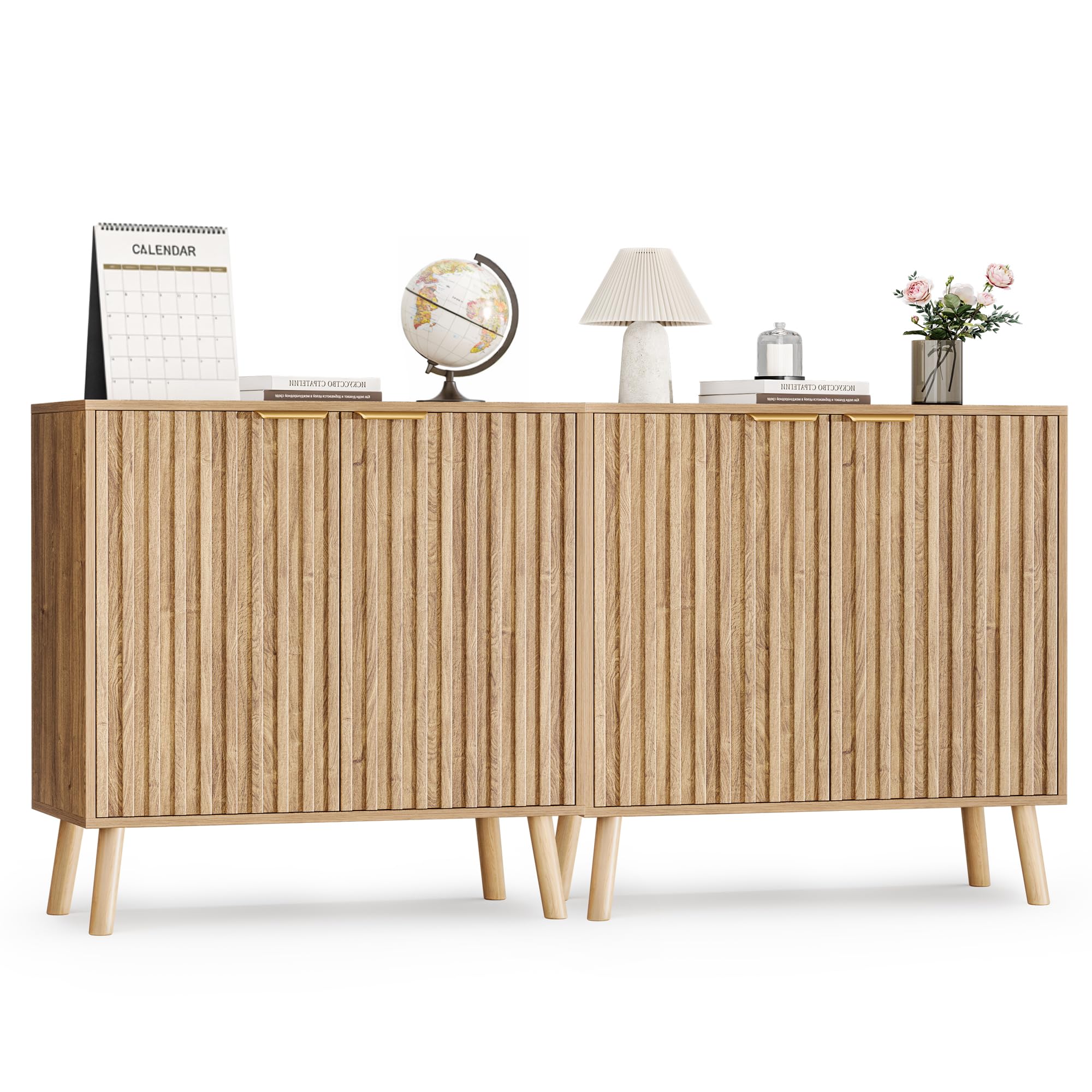Pamapic Fluted Storage Cabinet, Sideboard Buffet Cabinet with Storage, Wood Credenza with Adjustable Shelves, Modern Accent Cabinet for Living Room, Kitchen, Entryway, Natural(2, Natural)