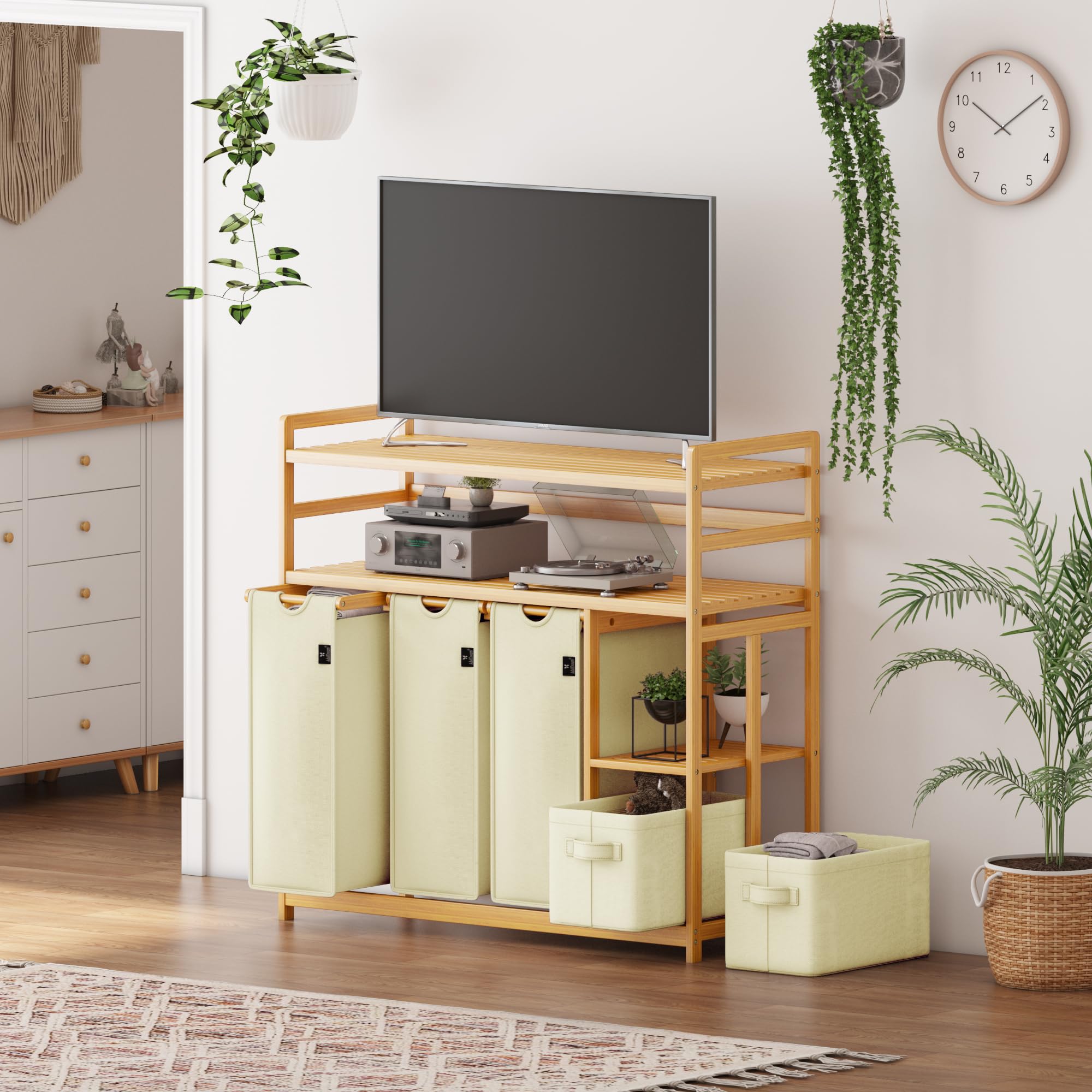 ADEL DREAM Wäschekorb 5 Fächer 2 Regale Wäschesammler 190L Wäscheboxen Mit Korb Wäschesortierer mit 3 Wäschesäcken & 2 Stoffboxen Wäschesack Bambus Wäscheregal Wäschebox Laundry basket Beige