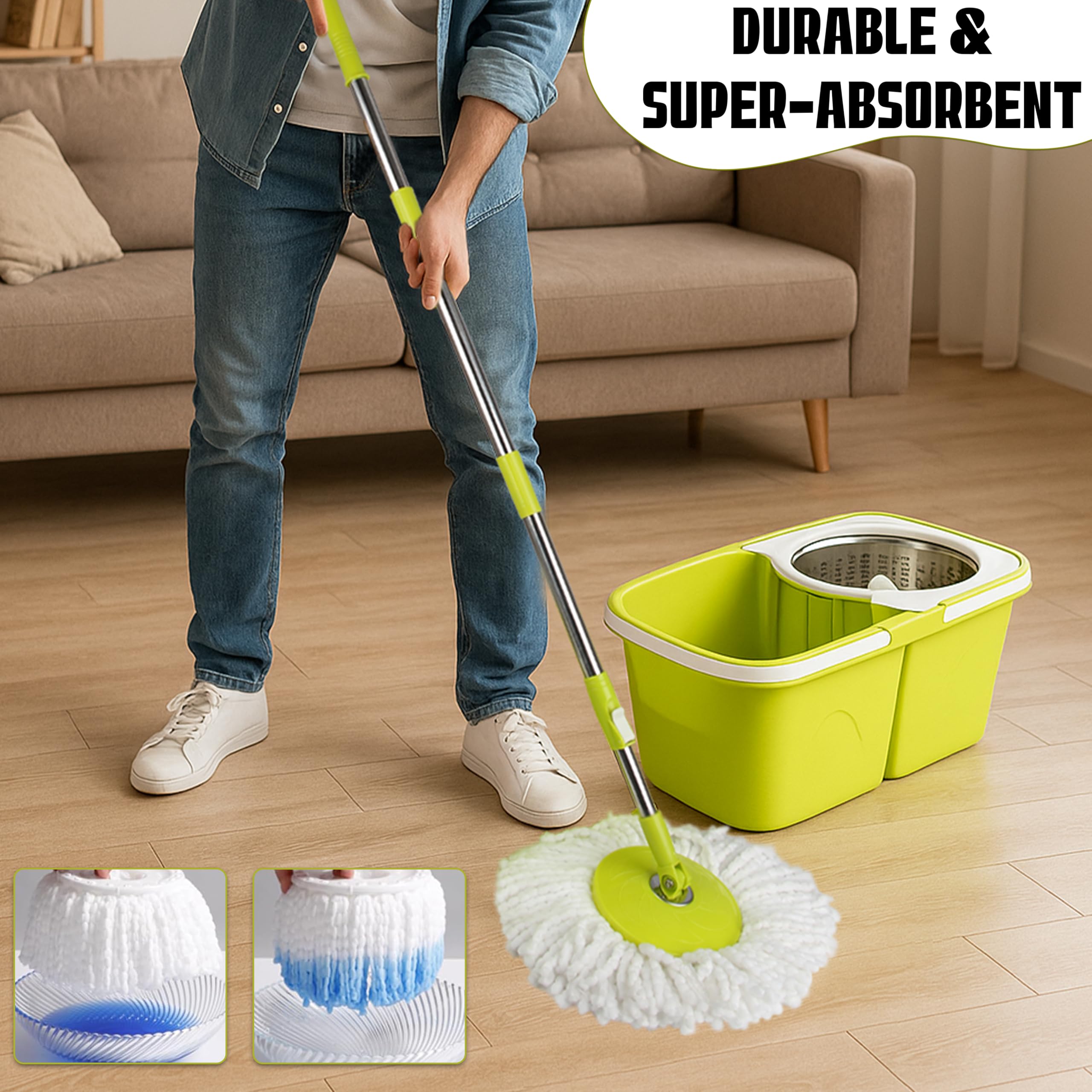 ARSUK cubo con 2 departamentos y fregona giratoria Apilables, 4 Repuestos de Microfibra, Mango Telescópico de Acero Inoxidable, Dispensador de Jabón Integrado, Cabezal Giratorio 360°, Suelos Laminados | Rotación de 360 grados