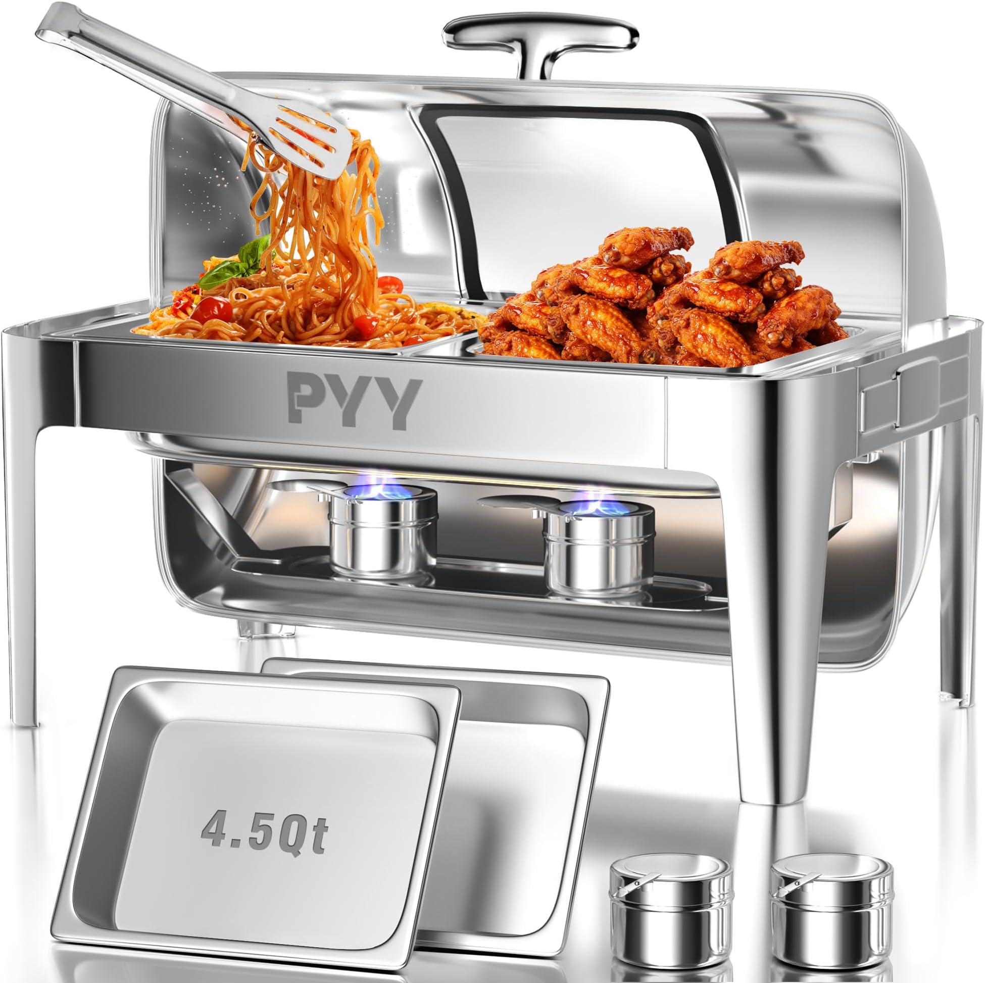PYY Chafing Dishes for Buffet 9QT - Roll Top Chafing Dish Buffet Set with Half Size Chafing Pans, Commercial Stainless Steel Buffet Servers and Warmers Chafer for Catering, Parties and Restaurants