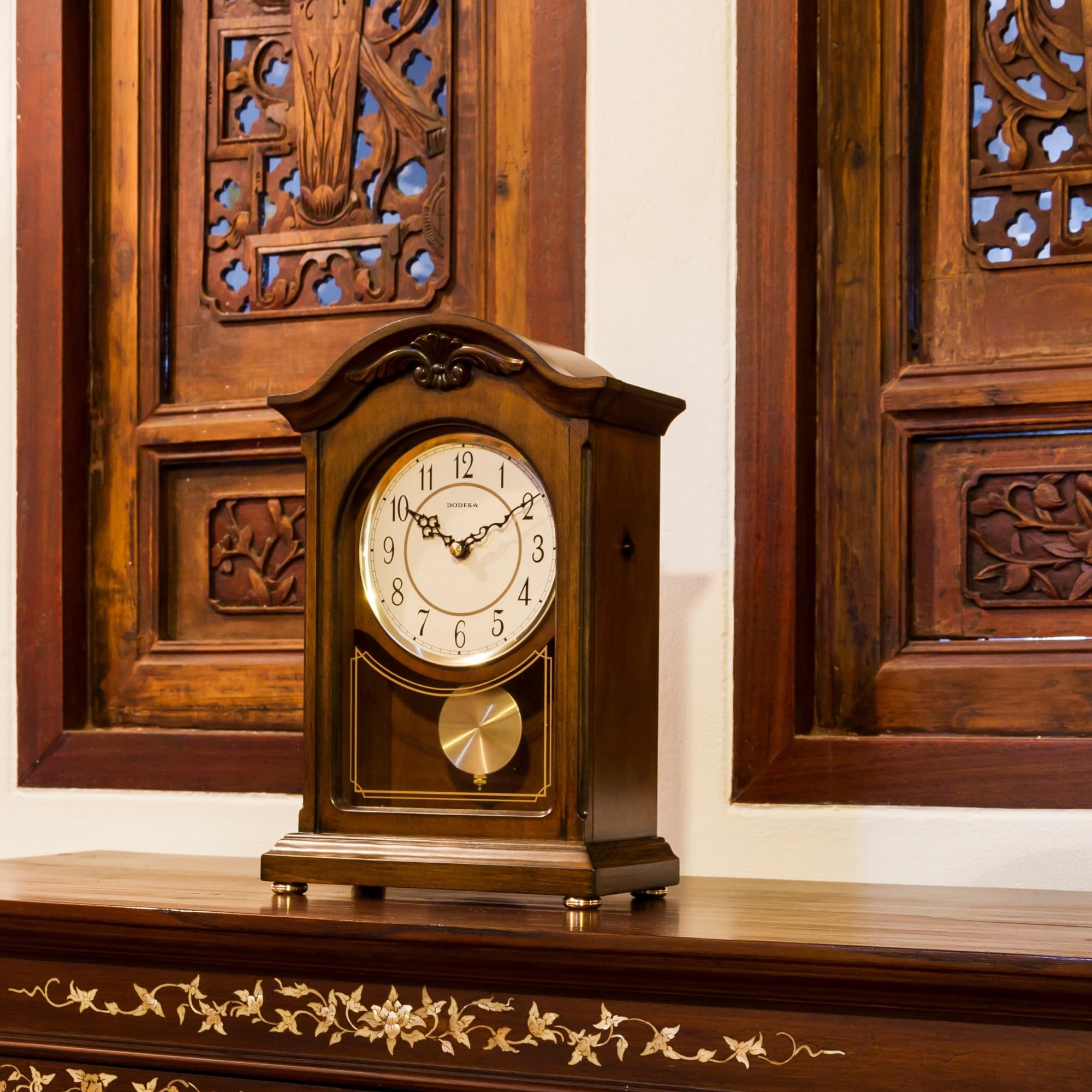 DODEKA Wooden Mantel Clock TCW004DB Pendulum Carved Case Hourly