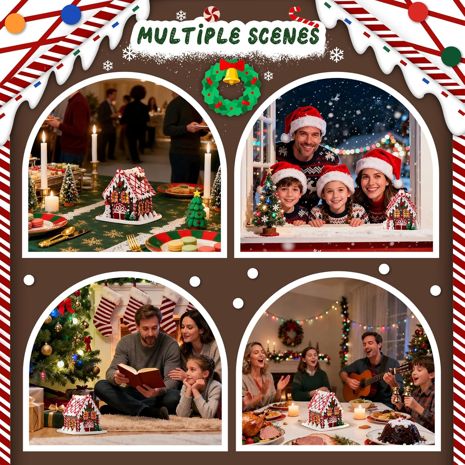 Gingerbread House Christmas Ornament, Handcrafted Cartoon-Style Snow Cottage Made of Polymer Clay, for Home Tabletop & Showcase Decor, Gift for Kids, White