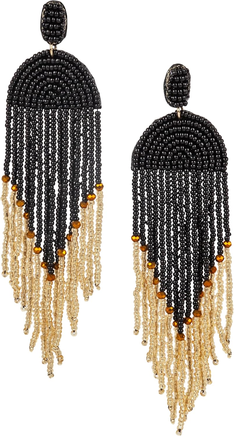 SPUNKYsoul Handmade Beaded Boho Earrings, Ombre Mixed Metallic Seed Bead Long Fringe Statement Earrings, Jewelry for the Modern Bohemian Women (BLACK & GOLD)