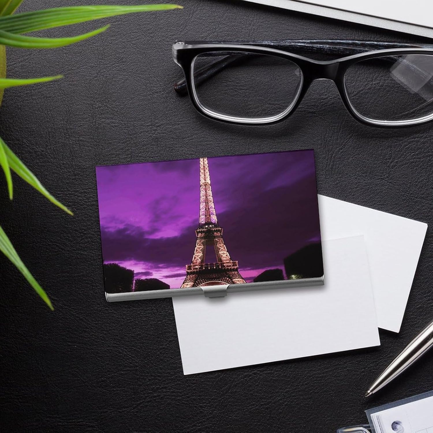Purple Eiffel Tower Business Card Case for Women Or Men Snaps Closed Portable Name Holder Credit Card Holder for Business Meeting Use