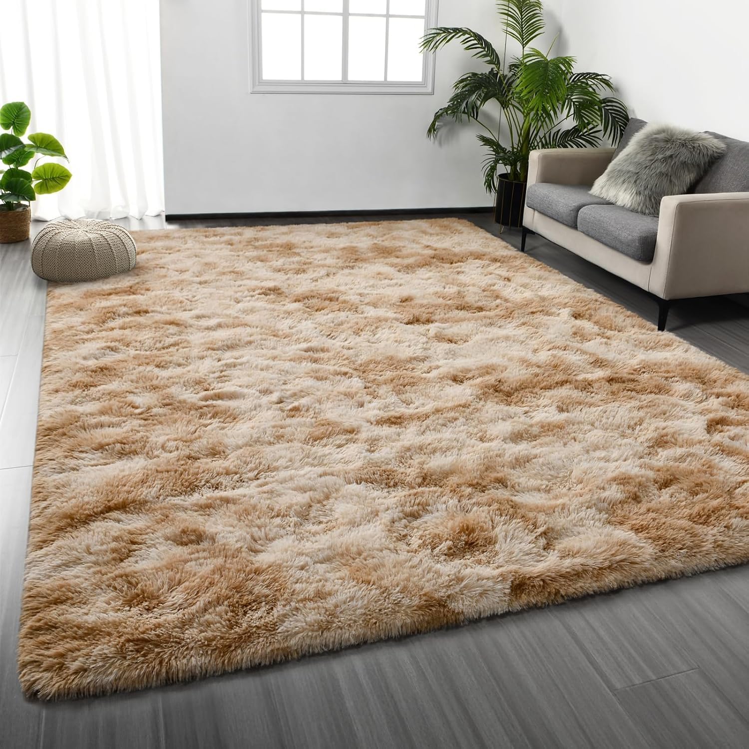 INSPIRE HOMEWARE Fluffy Shaggy Rugs Living Room Large Bedroom Rug Non Slip Carpet Thick Soft Pile Bedside Area Rug for Hallway Kids Nursery Room Non-Shedding Tie Dye Beige 140 x 200 cm