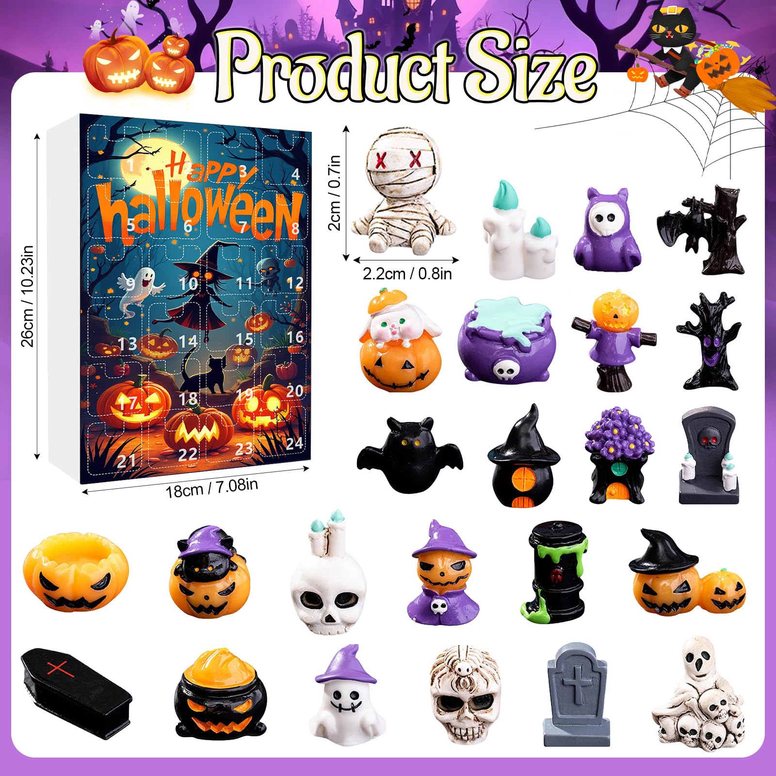 Calendario dell'Avvento di Halloween 2025, 24 giorni di Halloween, conto alla rovescia, con 24 pezzi di zucca horror, fantasma, teschio, mini figure decorazioni per bambini e adulti (orrore)