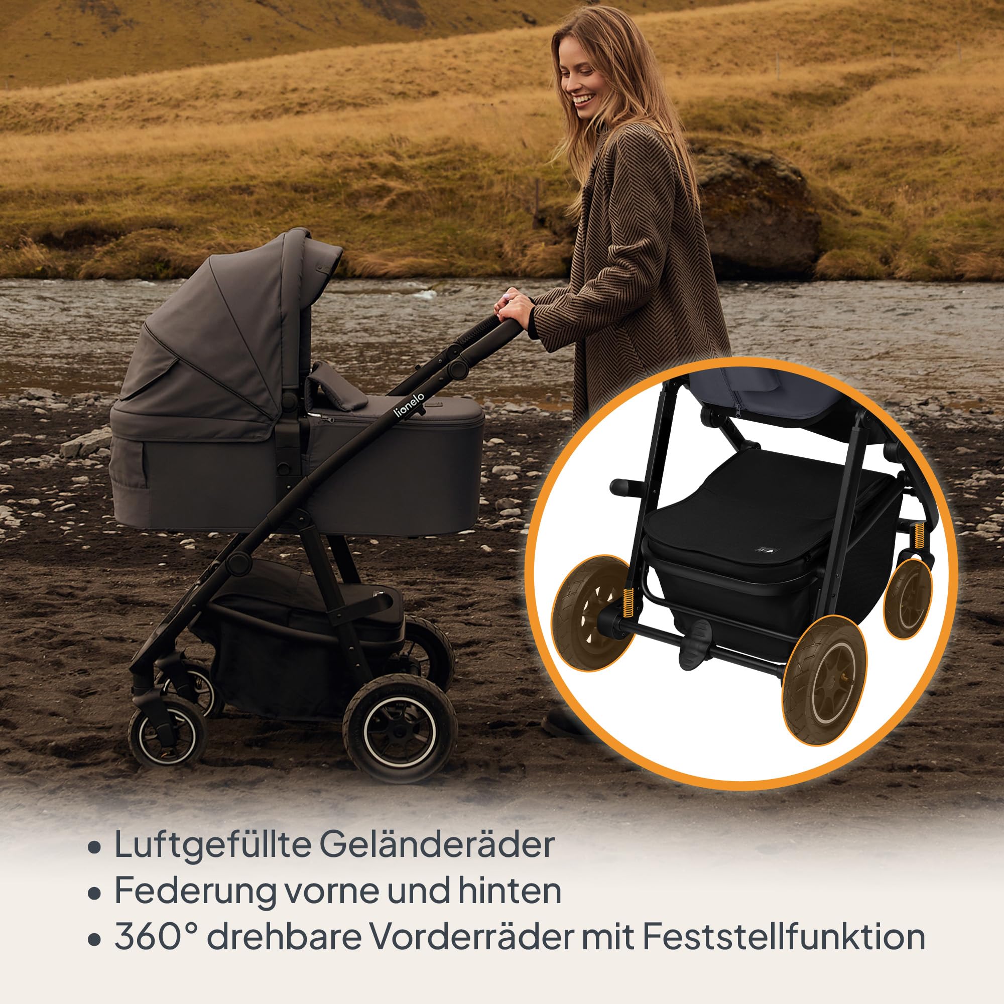 LIONELO AMBER PLUS 3-in-1 Multifunktionaler Kinderwagen von 0 bis 4 Jahren bis 22 kg mit XL-Babywanne, Kindersitz bis 13 kg, verstellbare Rückenlehne, große 360o Geländeräder, XXL-Verdeck