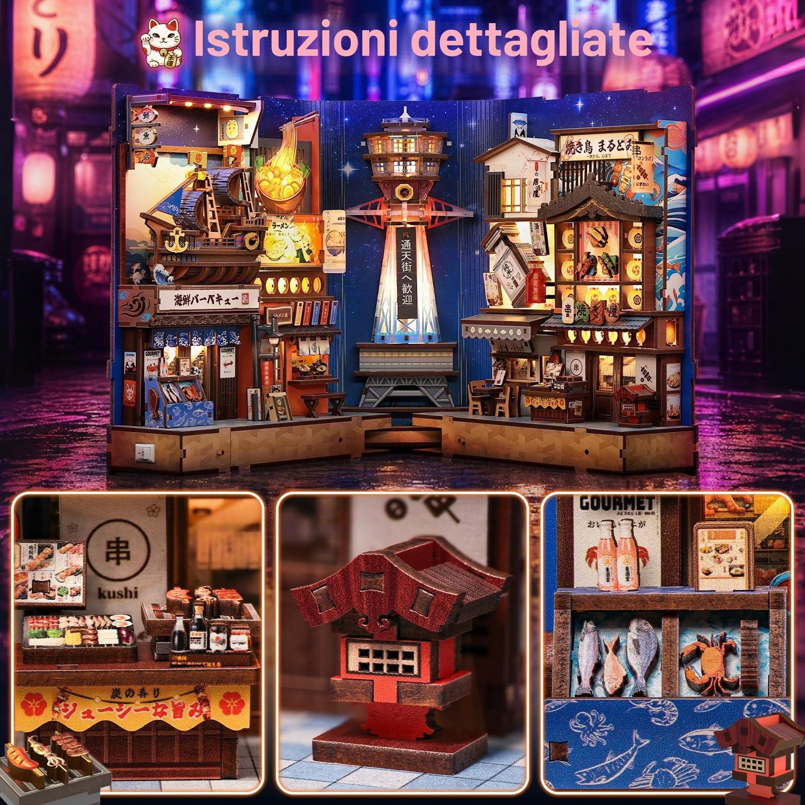 Fsolis Book Nook Giappone Kit - Tsutenkaku Ichiban Street, Miniature House Puzzle in legno 3D, casa delle bambole giapponese, decorazione per mensole, regalo antistress per adulti