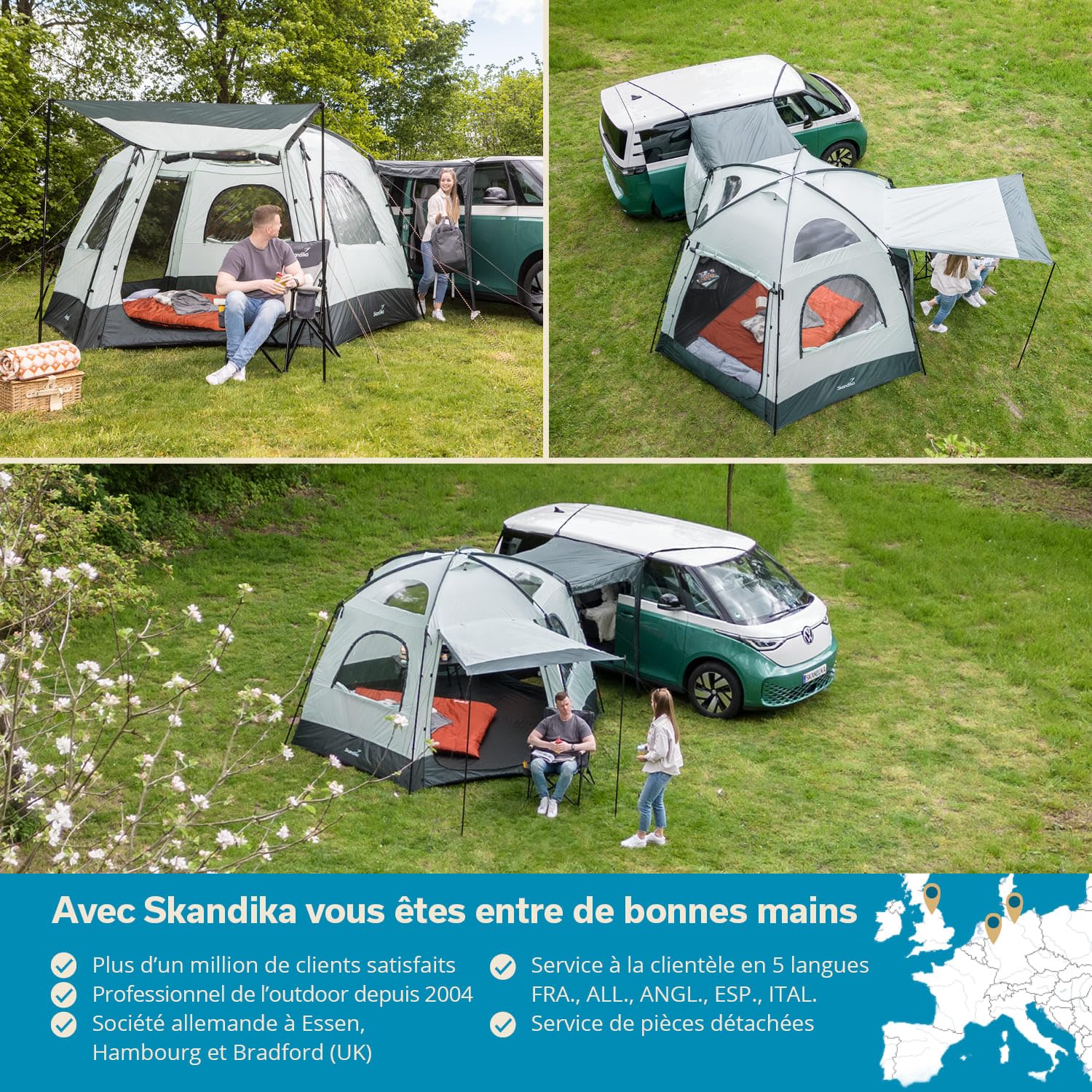 Skandika Auvent pour Bus Pitea Dome | Autoportant, pour 2-4 Personnes, Hauteur 2,2 m, Surface 10,4 m², 3 entrées, moustiquaire, Colonne d'eau 3000 mm | Tente pour Voiture, Bus, Van, fourgonnette