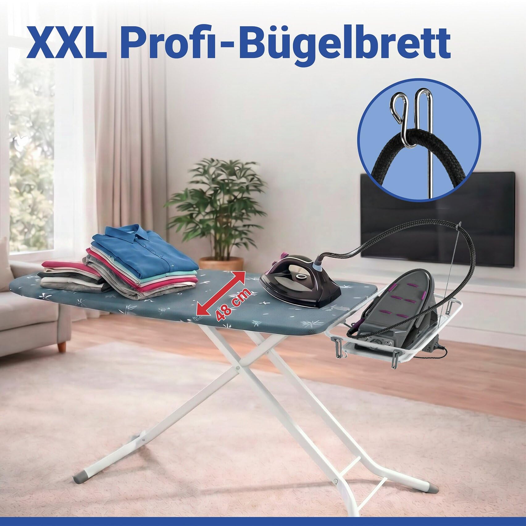 WENKO XXL Bügelbrett für Dampfbügelstation & Dampfbügeleisen, standfest | Bügeltisch 130 x 48 cm, TÜV/GS, höhenverstellbar, mit Steckdose, absenkbare Ablage & Polsterung, weiß/grau, Mod. Professional