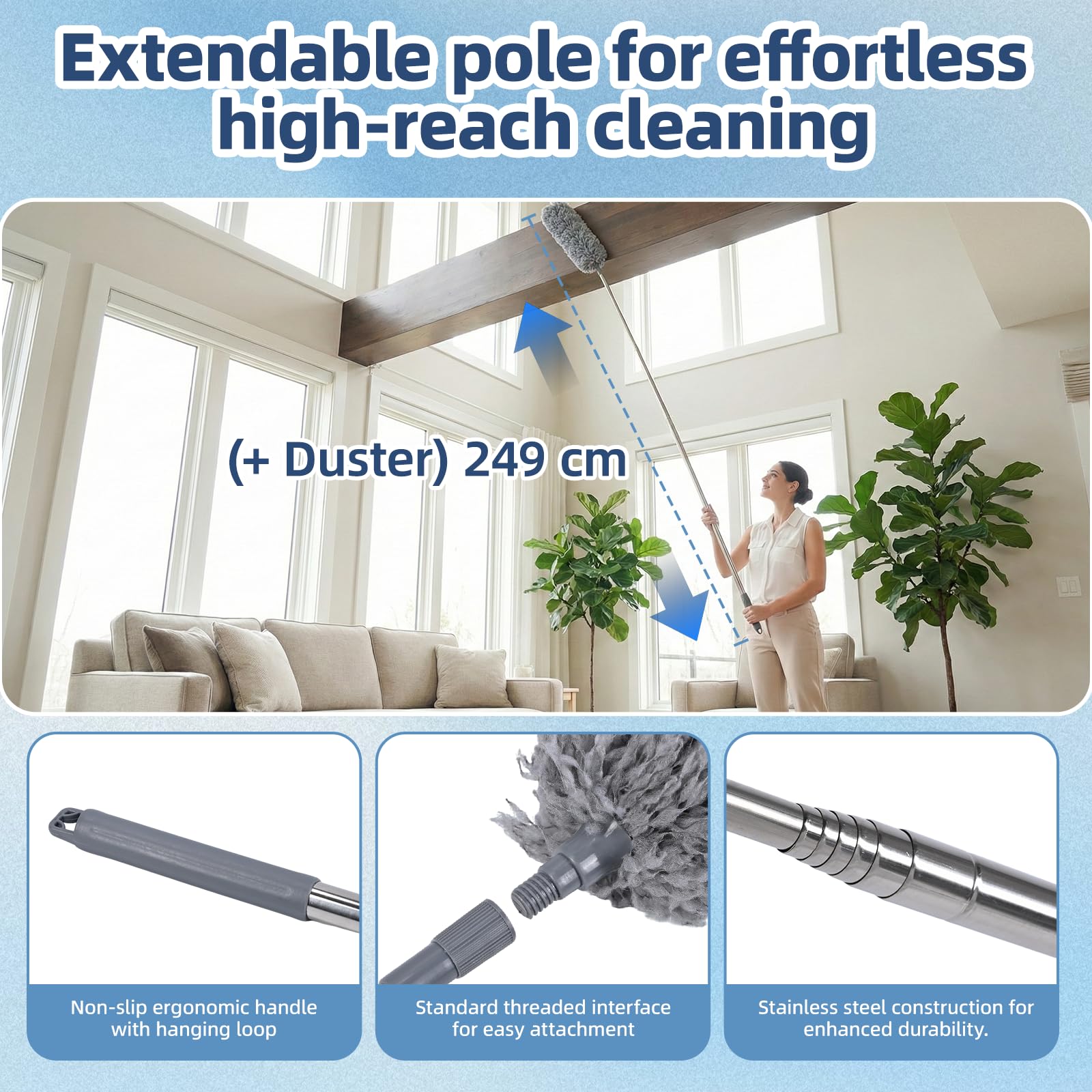 Carehabi Spolverino Telescopico Spolverino per Polvere Togli Ragnatele Allungabile 41-210 cm Spolverino Microfibra Lavabile per Soffitto Fessure Tetti Ragnatela