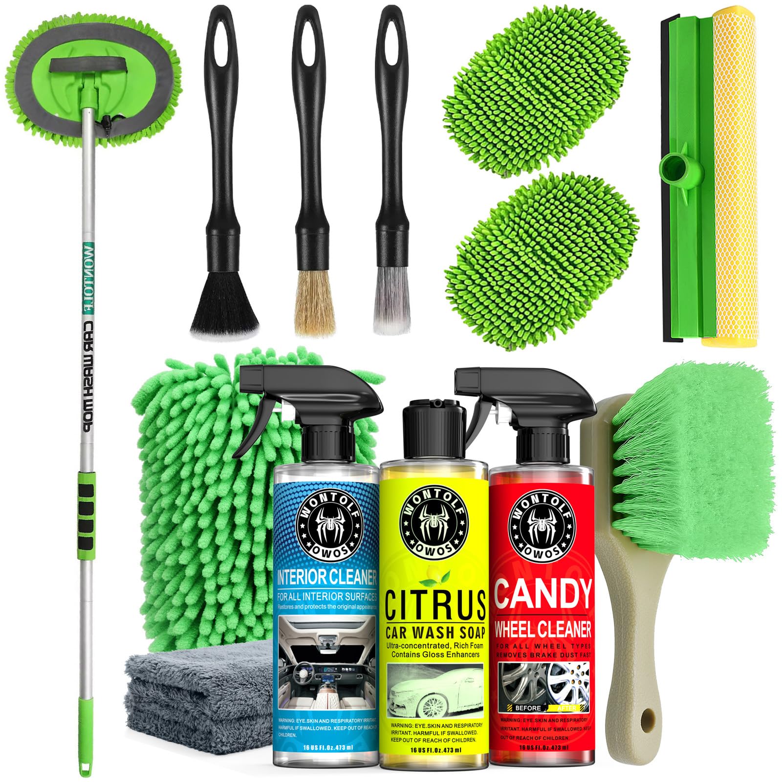 Wontolf 17pc Car Wash Kit, Car Cleaning Kit with Car Wash Brush Long Handle, Car Wash Soap, Interior Cleaner, Wheel Cleaner, Window Squeegee, Car Interior Detailing Kit for Cars Trucks RVs SUVs