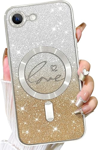 Vista 592 de Fiyart - Funda transparente magnética con purpurina para iPhone 12 para mujeres, con grabado "Love" metálico, protección para cámara y antigolpes
