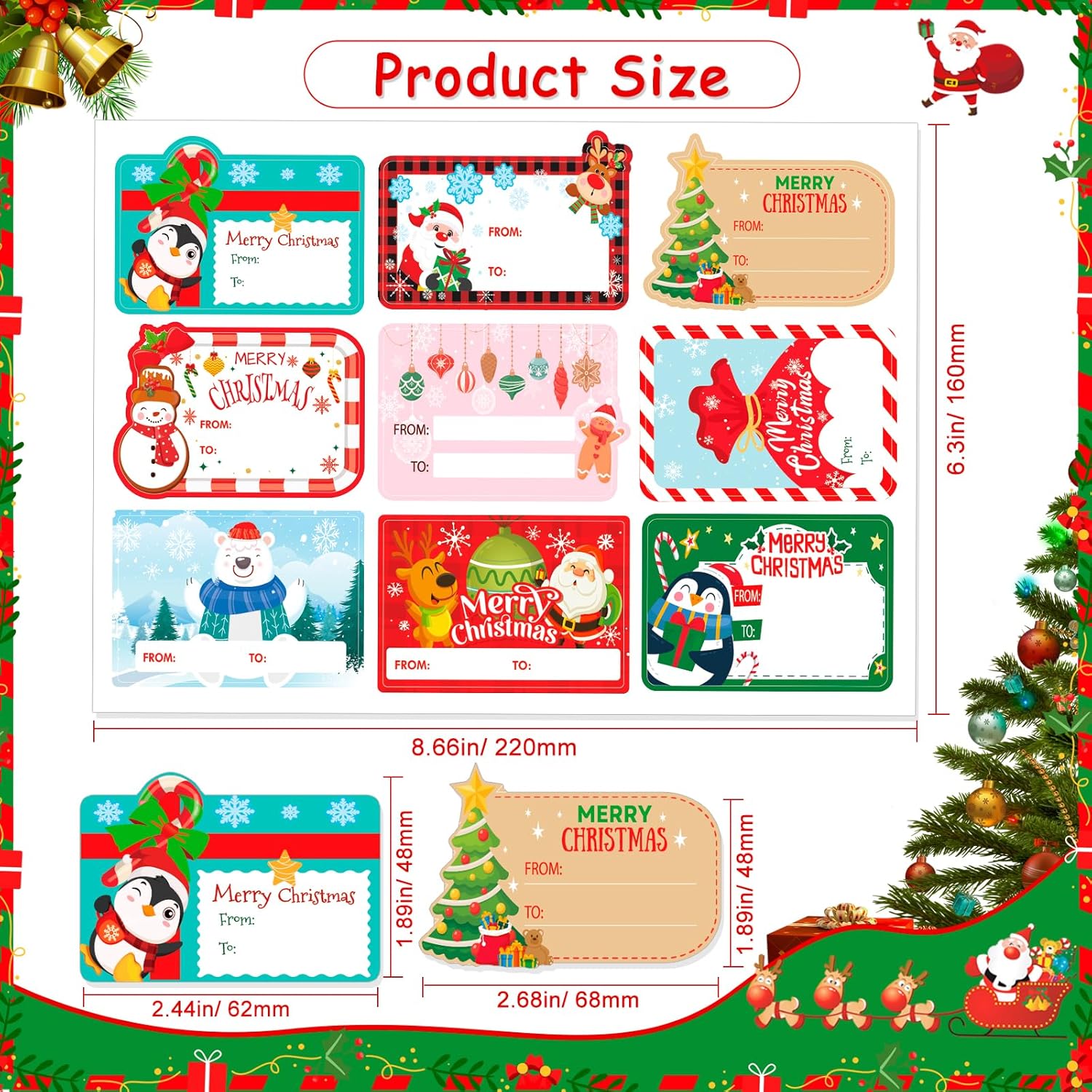 HOWAF Christmas Gift Tag Stickers, Christmas Presents Stickers, Santa Claus Sticker Self-Adhesive Name Stickers Xmas Gift Tags Xmas Name Tag for Present Cards Envelope, 12 Sheets - Image 2