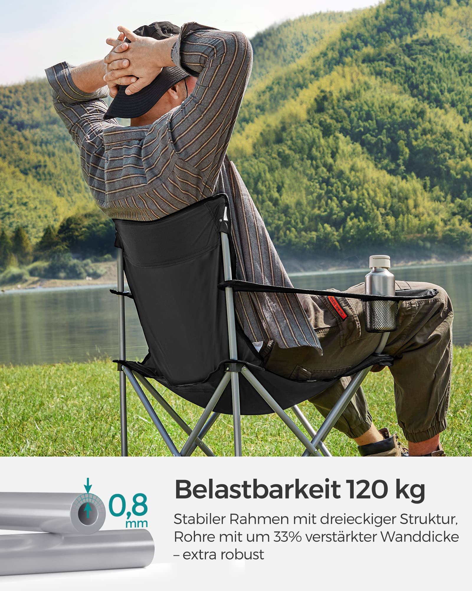 SONGMICS 2er Set Campingstuhl Klappstuhl Klappsitze Outdoor Komfortabel mit Armlehnen und Getränkehalter Stabiles Gestell Tragkraft 120kg