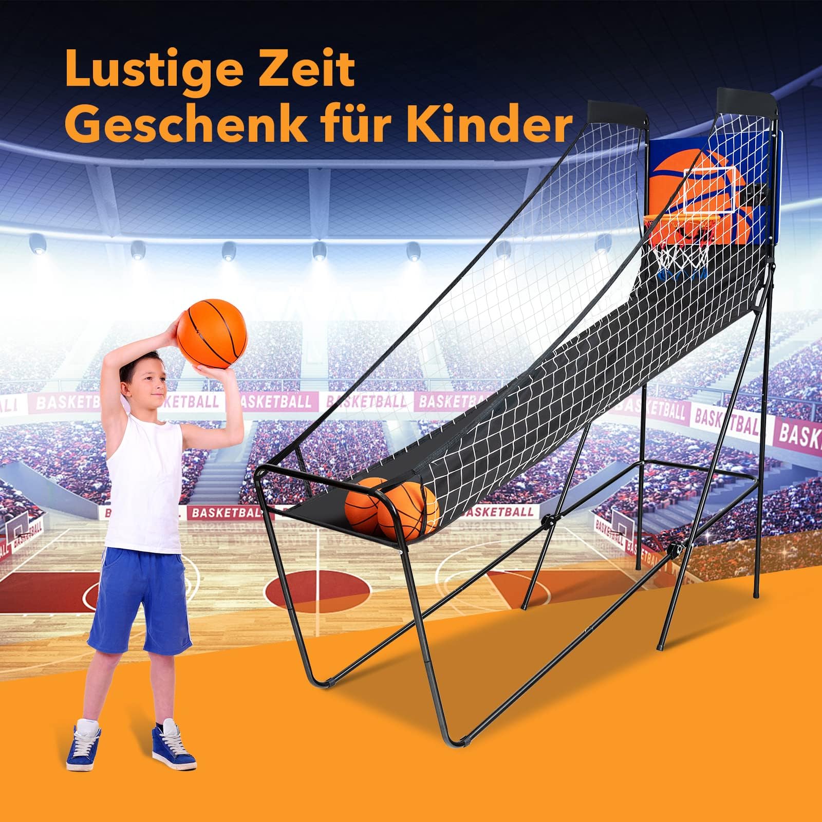 COSTWAY Basketballautomat klappbar, elektrischer Basketballständer mit 3 Basketbälle & Pumpe, Punktezähler, Arcade-Basketballspiel Schießmaschine für Indoor & Outdoor