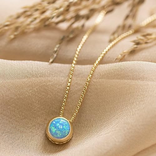 Miniatura 5 de Blue Opal Pendant Necklace for Women in 14k Yellow Gold Plated on 925 Sterling Silver - October Birthstone 6mm Round Cut Gemstone - Vintage Handmade