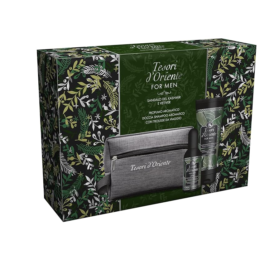 Tesori d'Oriente Set Regalo Uomo, Profumo Aromatico 100 ml e Doccia Shampoo 250 ml, Fragranza Sandalo del Kashmir e Vetiver, Confezione Regalo, Trousse
