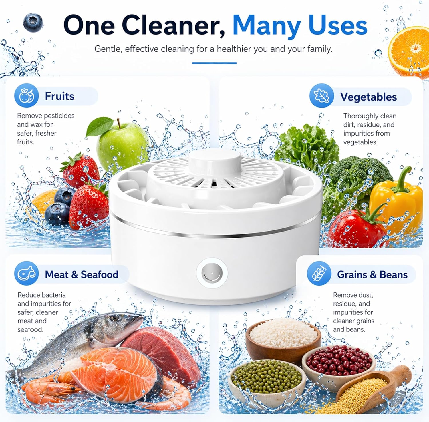 Fruit & Vegetable Cleaner, Portable Wireless Fruit and Vegetable Washing Machine, 3-Minute Clean, Electrolysis Purifier Technology, Waterproof for Washing Fruits, Rice, Meat (White)