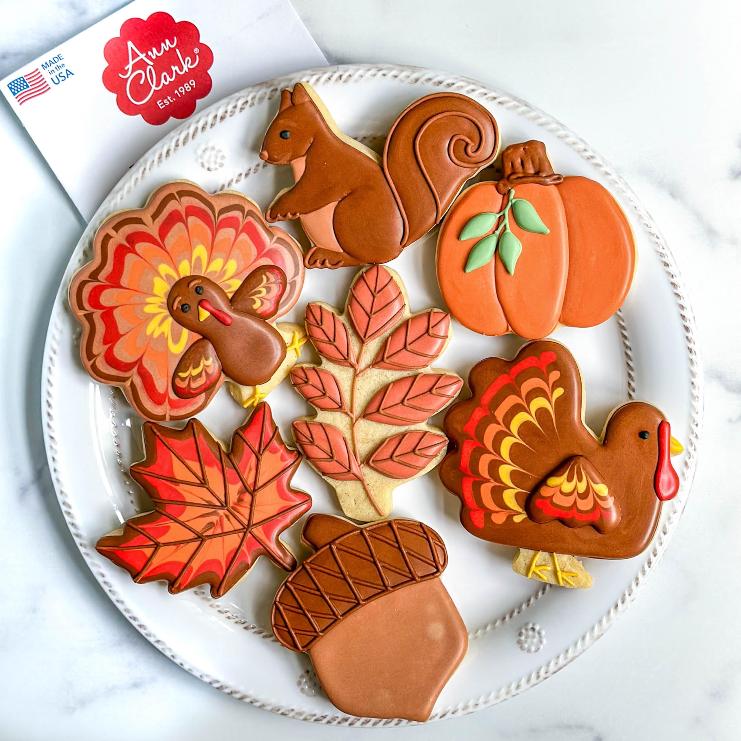 Ann Clark Fall and Thanksgiving Cookie Cutters 7-Pc Set (Pumpkin, Maple and Oak Leaf, Turkey, Squirrel, Acorn) Made in USA