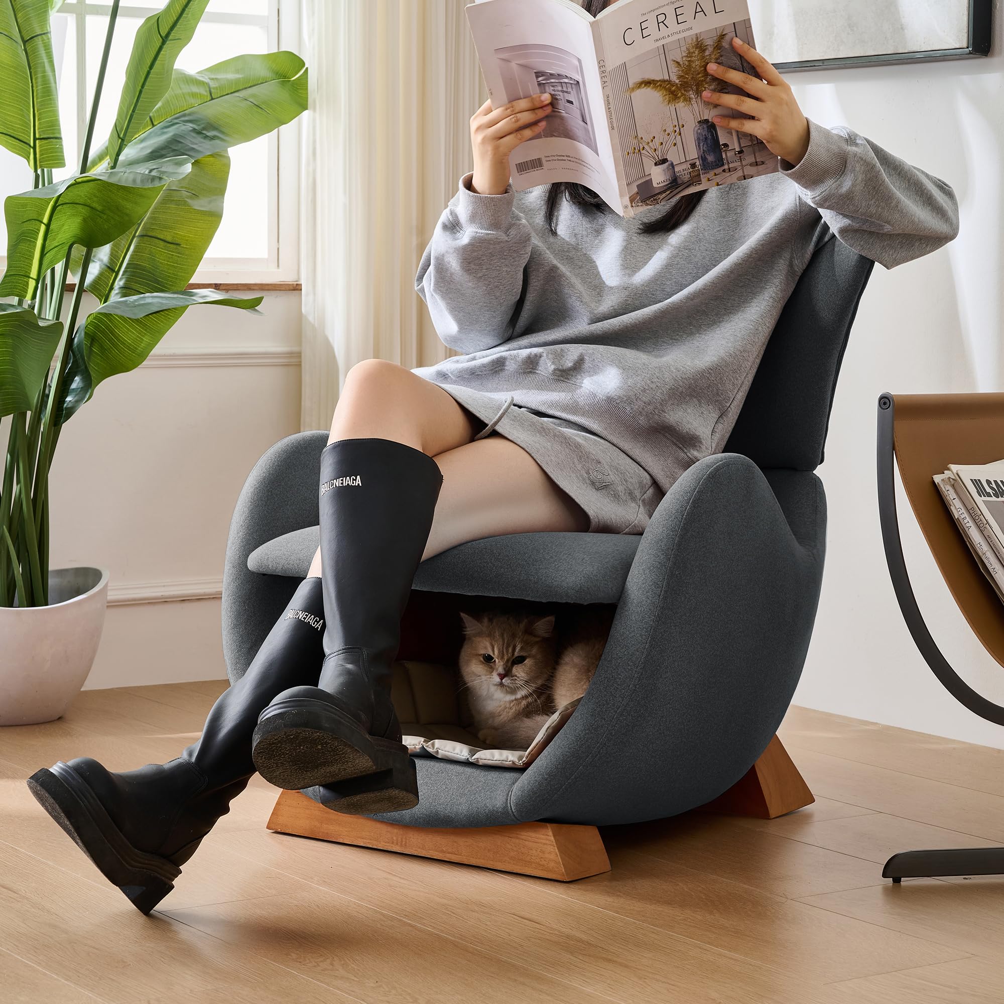 Merax Loungesessel Walhai-Design mit Katzenhöhle, kratzfestem Stoff, Einzelsofa als Rückzugsort für Katzen & kleine Hunde, Stabiler Holzrahmen, Fernsehsessel, Grau