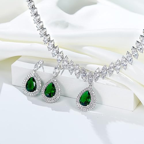 Miniatura 3 de EVER FAITH Conjunto de collar y aretes con colgante de lágrima de hoja en forma de marquesa de circonita cúbica para mujer, tono plateado